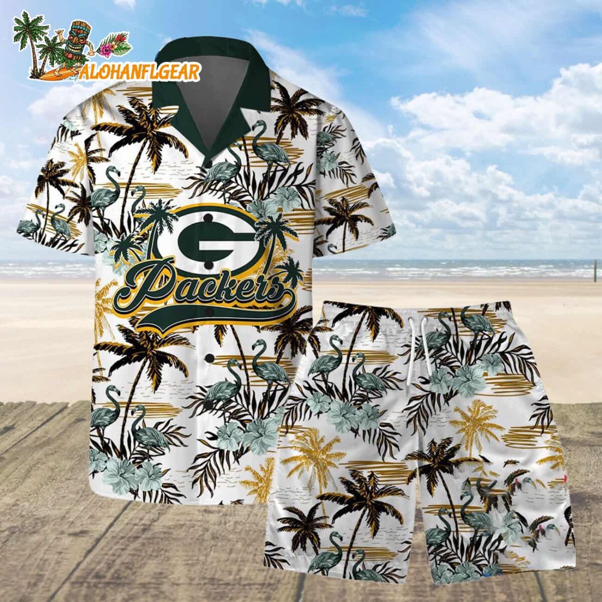 Green Bay Packers Football Team Logo Pattern Flamingo Hibiscus Summer Hawaiian Shirt And Beach Short 1