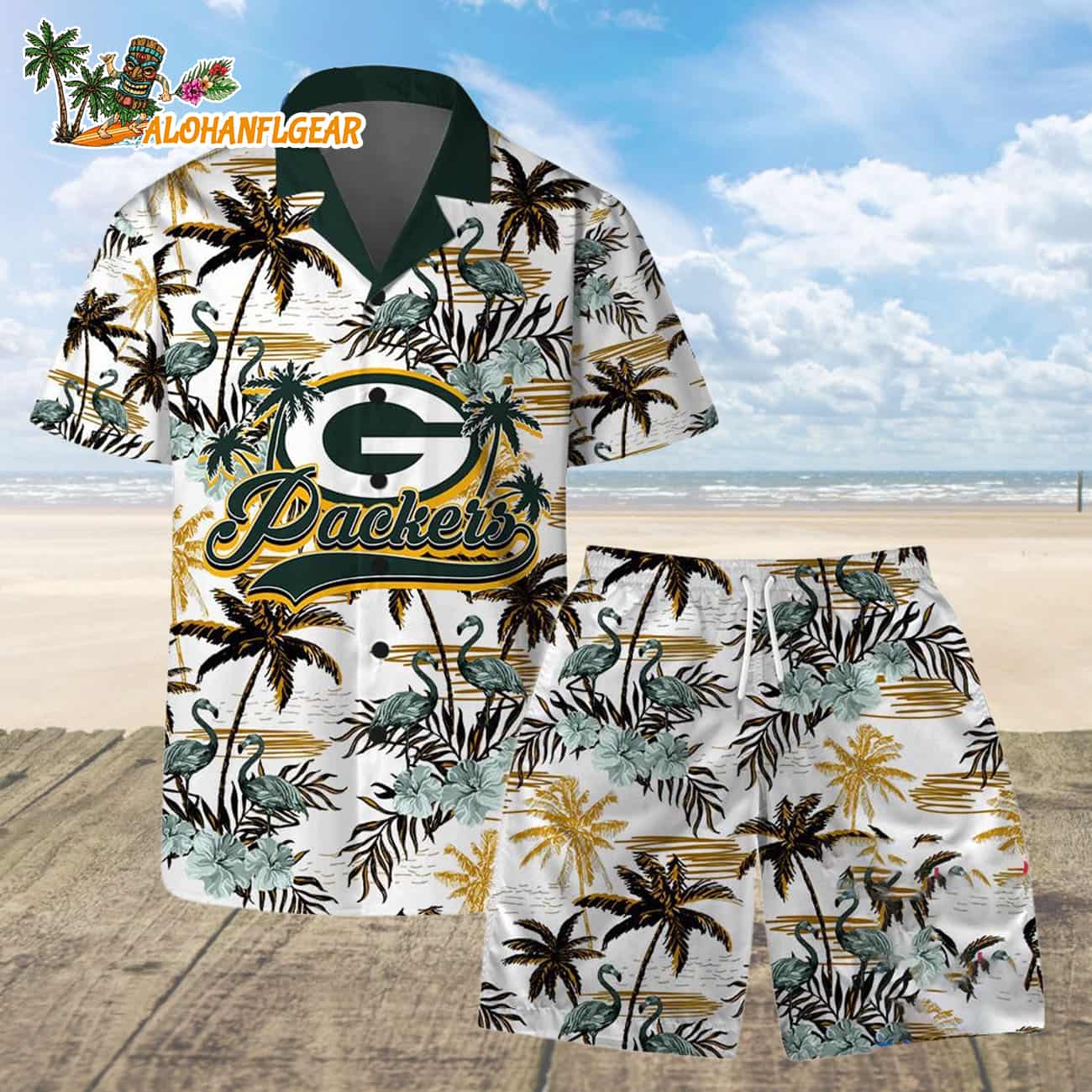 Green Bay Packers Football Team Logo Pattern Flamingo Hibiscus Summer Hawaiian Shirt And Beach Short Green Bay Packers Football Team Logo Pattern Flamingo Hibiscus Summer Hawaiian Shirt And Beach Short