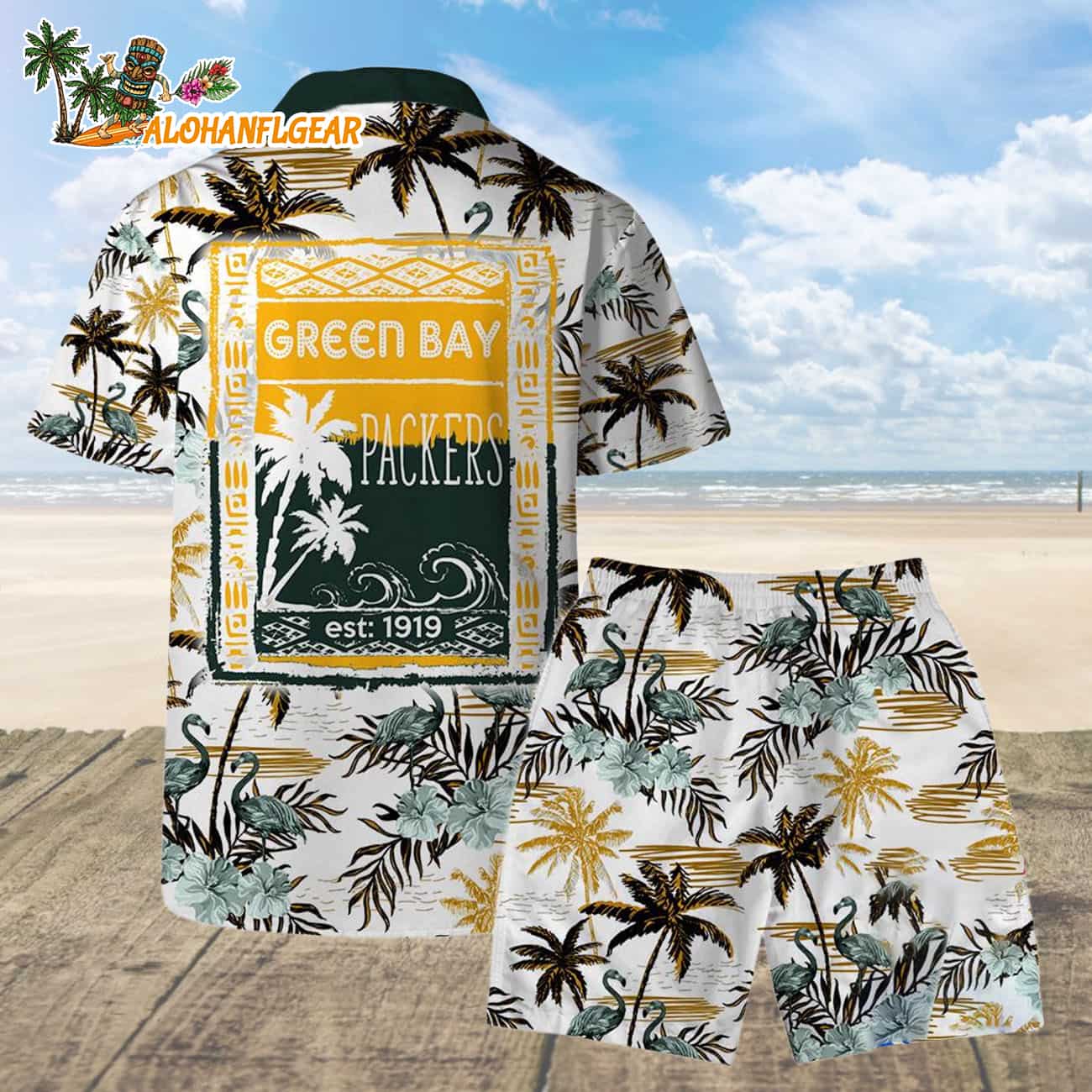 Green Bay Packers Football Team Logo Pattern Flamingo Hibiscus Summer Hawaiian Shirt And Beach Short Green Bay Packers Football Team Logo Pattern Flamingo Hibiscus Summer Hawaiian Shirt And Beach Short