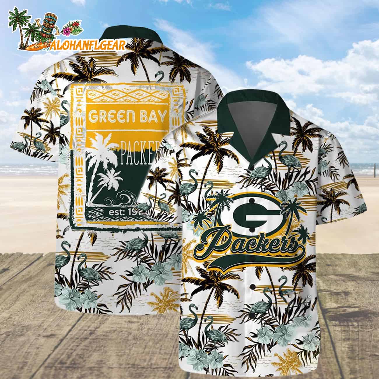 Green Bay Packers Football Team Logo Pattern Flamingo Hibiscus Summer Hawaiian Shirt And Beach Short Green Bay Packers Football Team Logo Pattern Flamingo Hibiscus Summer Hawaiian Shirt And Beach Short