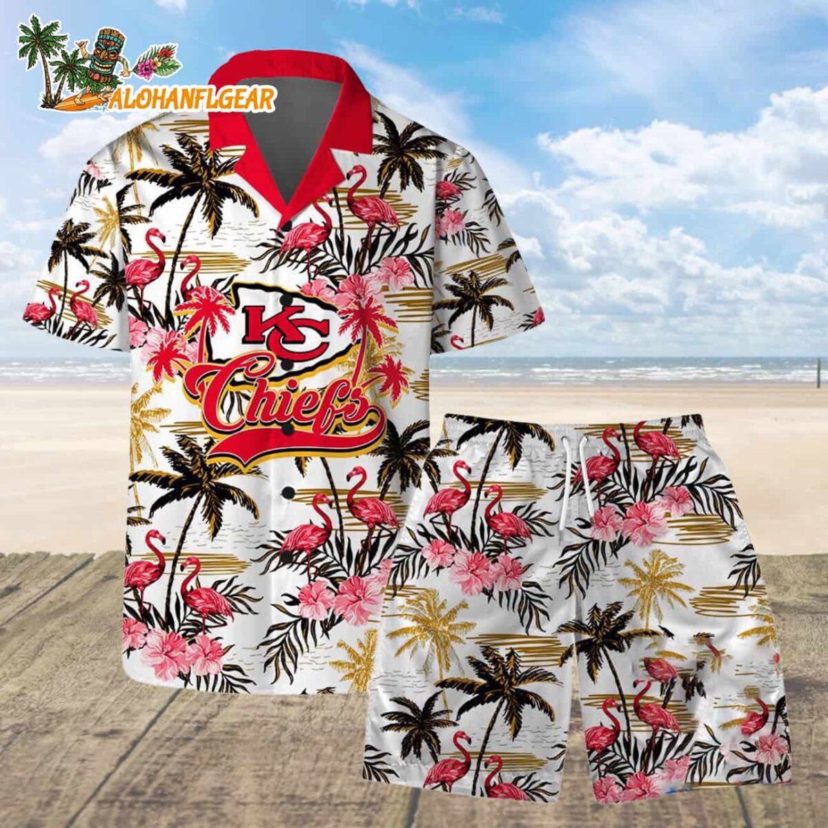Kansas City Chiefs Football Team Logo Pattern Flamingo Hibiscus Summer Hawaiian Shirt And Beach Short 1