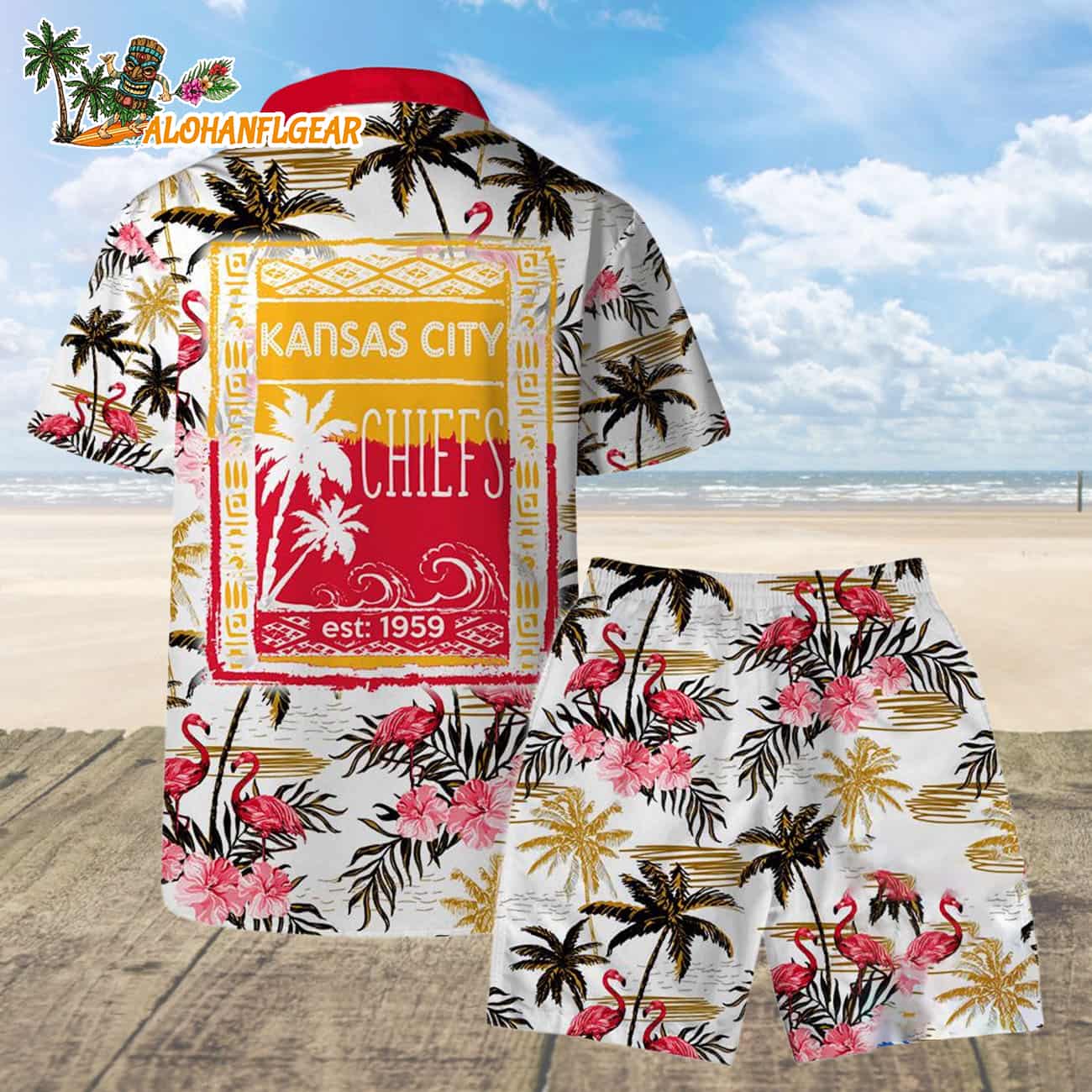 Kansas City Chiefs Football Team Logo Pattern Flamingo Hibiscus Summer Hawaiian Shirt And Beach Short Kansas City Chiefs Football Team Logo Pattern Flamingo Hibiscus Summer Hawaiian Shirt And Beach Short