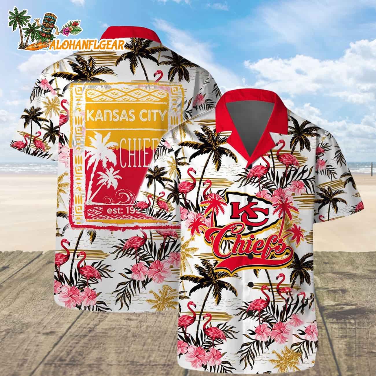 Kansas City Chiefs Football Team Logo Pattern Flamingo Hibiscus Summer Hawaiian Shirt And Beach Short Kansas City Chiefs Football Team Logo Pattern Flamingo Hibiscus Summer Hawaiian Shirt And Beach Short