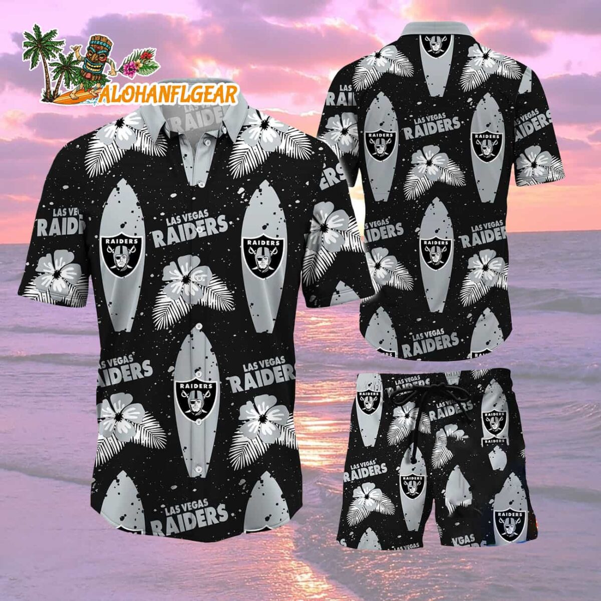 Las Vegas Raiders Flower Pattern Hawaiian Shirt And Shorts 1 Las Vegas Raiders Flower Pattern Hawaiian Shirt And Shorts Football Summer Hawaiian Set 2