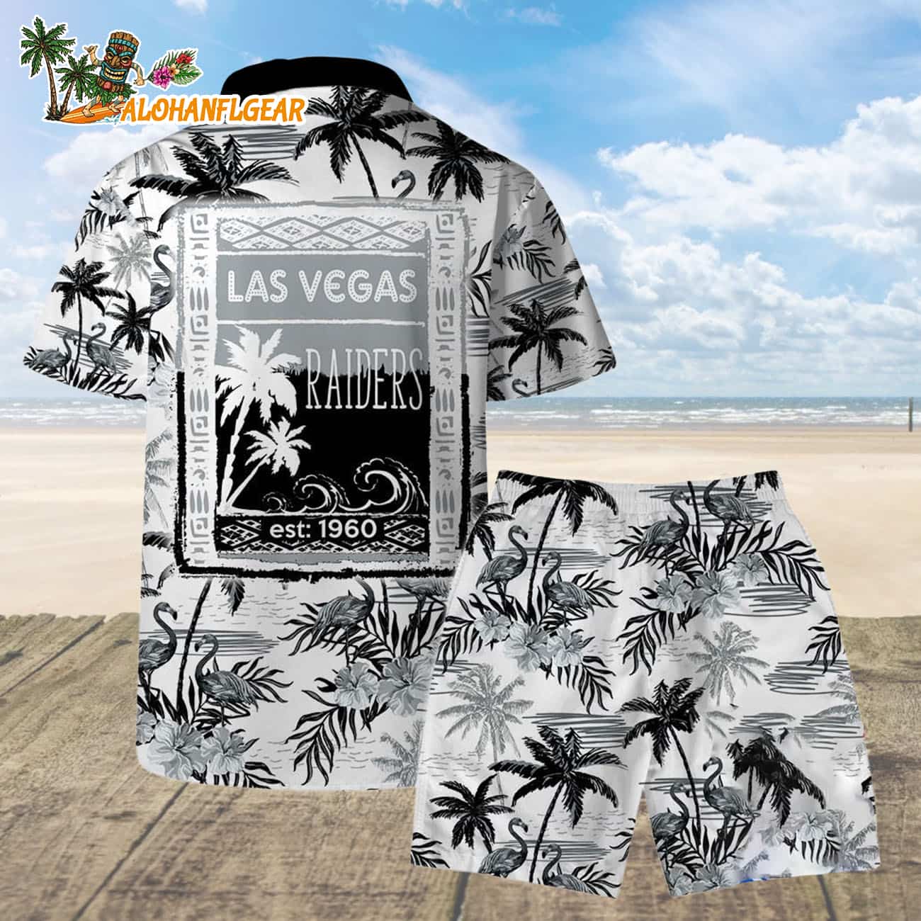 Las Vegas Raiders Football Team Logo Pattern Flamingo Hibiscus Summer Hawaiian Shirt And Beach Short Las Vegas Raiders Football Team Logo Pattern Flamingo Hibiscus Summer Hawaiian Shirt And Beach Short