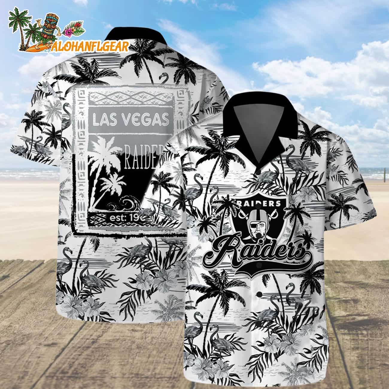 Las Vegas Raiders Football Team Logo Pattern Flamingo Hibiscus Summer Hawaiian Shirt And Beach Short Las Vegas Raiders Football Team Logo Pattern Flamingo Hibiscus Summer Hawaiian Shirt And Beach Short