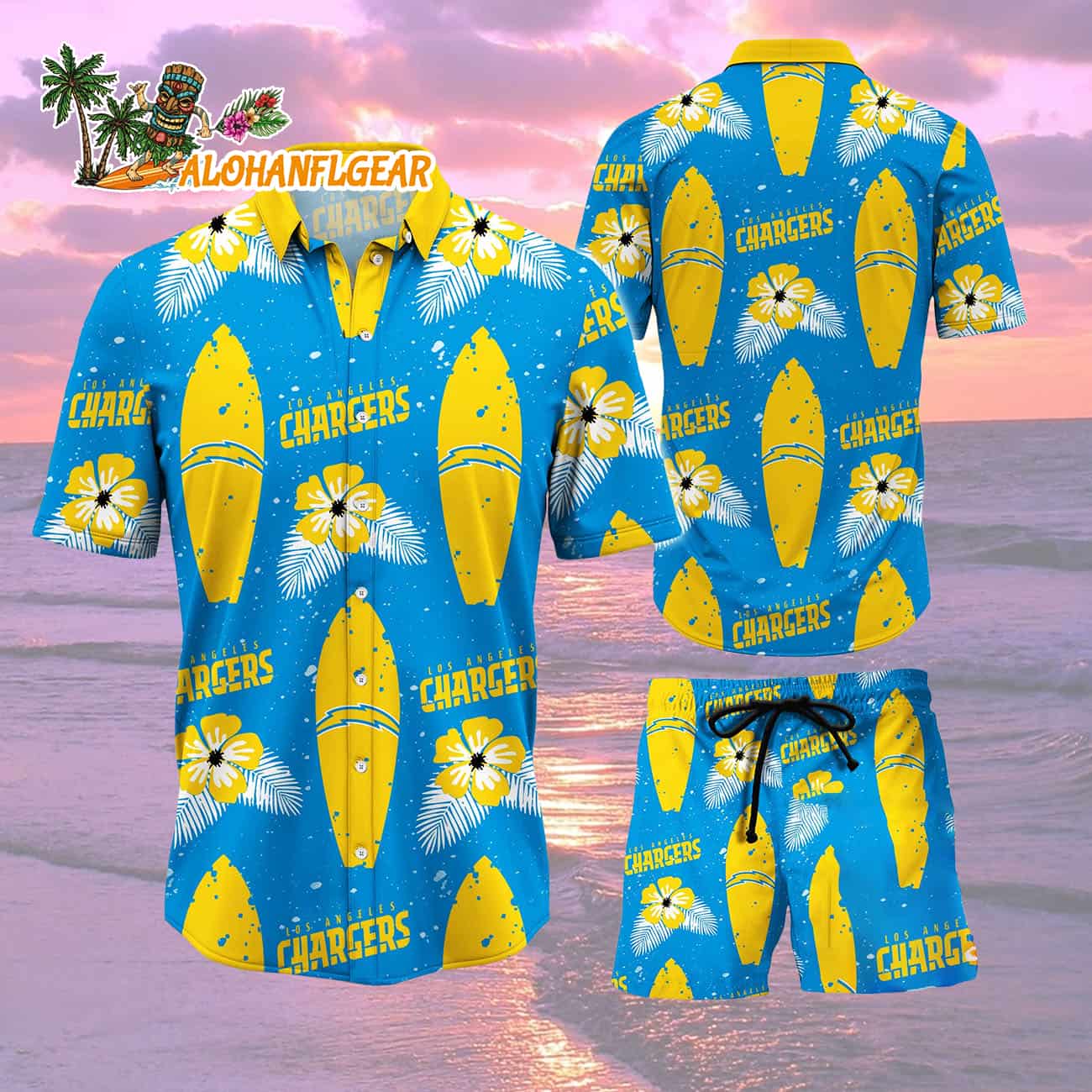 Los Angeles Chargers Flower Pattern Hawaiian Shirt And Shorts Los Angeles Chargers Flower Pattern Hawaiian Shirt And Shorts
