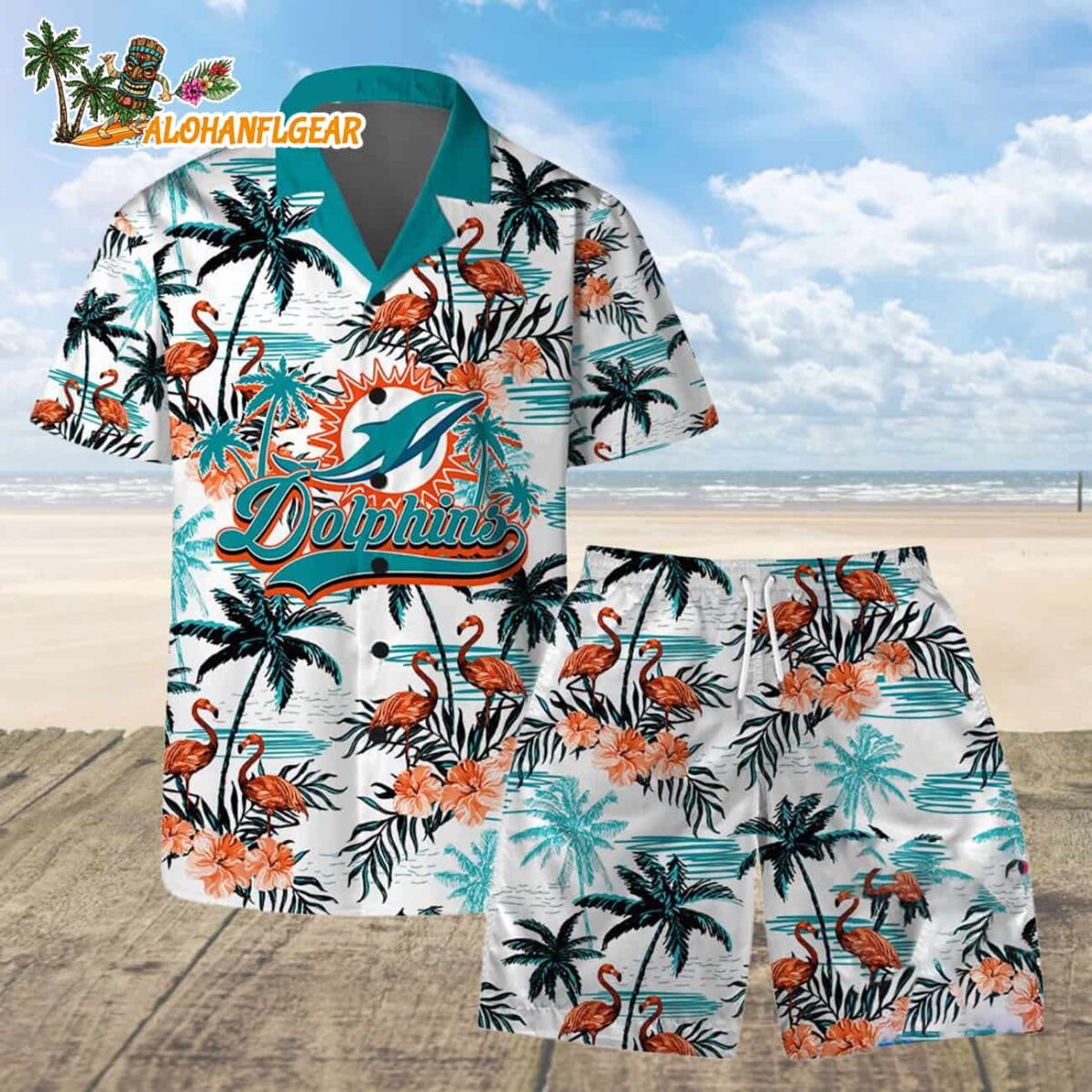 Miami Dolphins Football Team Logo Pattern Flamingo Hibiscus Summer Hawaiian Shirt And Beach Short 1