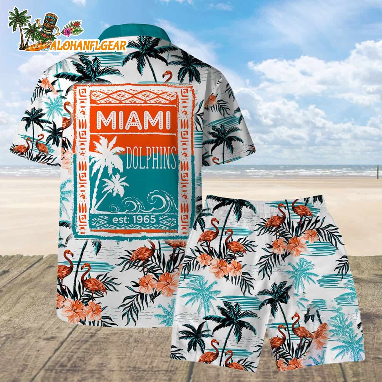 Miami Dolphins Football Team Logo Pattern Flamingo Hibiscus Summer Hawaiian Shirt And Beach Short Miami Dolphins Football Team Logo Pattern Flamingo Hibiscus Summer Hawaiian Shirt And Beach Short