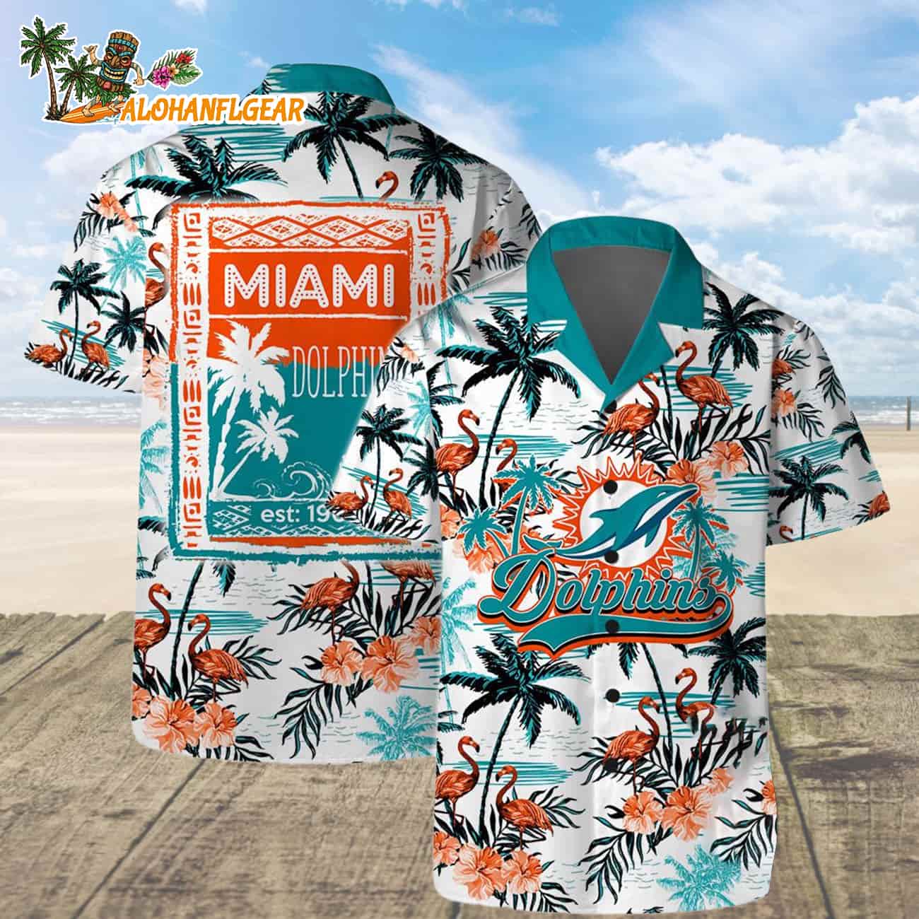 Miami Dolphins Football Team Logo Pattern Flamingo Hibiscus Summer Hawaiian Shirt And Beach Short Miami Dolphins Football Team Logo Pattern Flamingo Hibiscus Summer Hawaiian Shirt And Beach Short