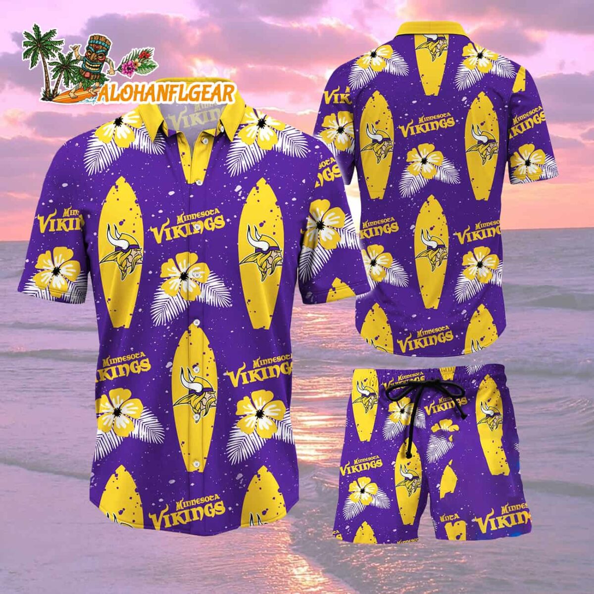 Minnesota Vikings Flower Pattern Hawaiian Shirt And Shorts 1 Minnesota Vikings Flower Pattern Hawaiian Shirt And Shorts Football Summer Hawaiian Set 2