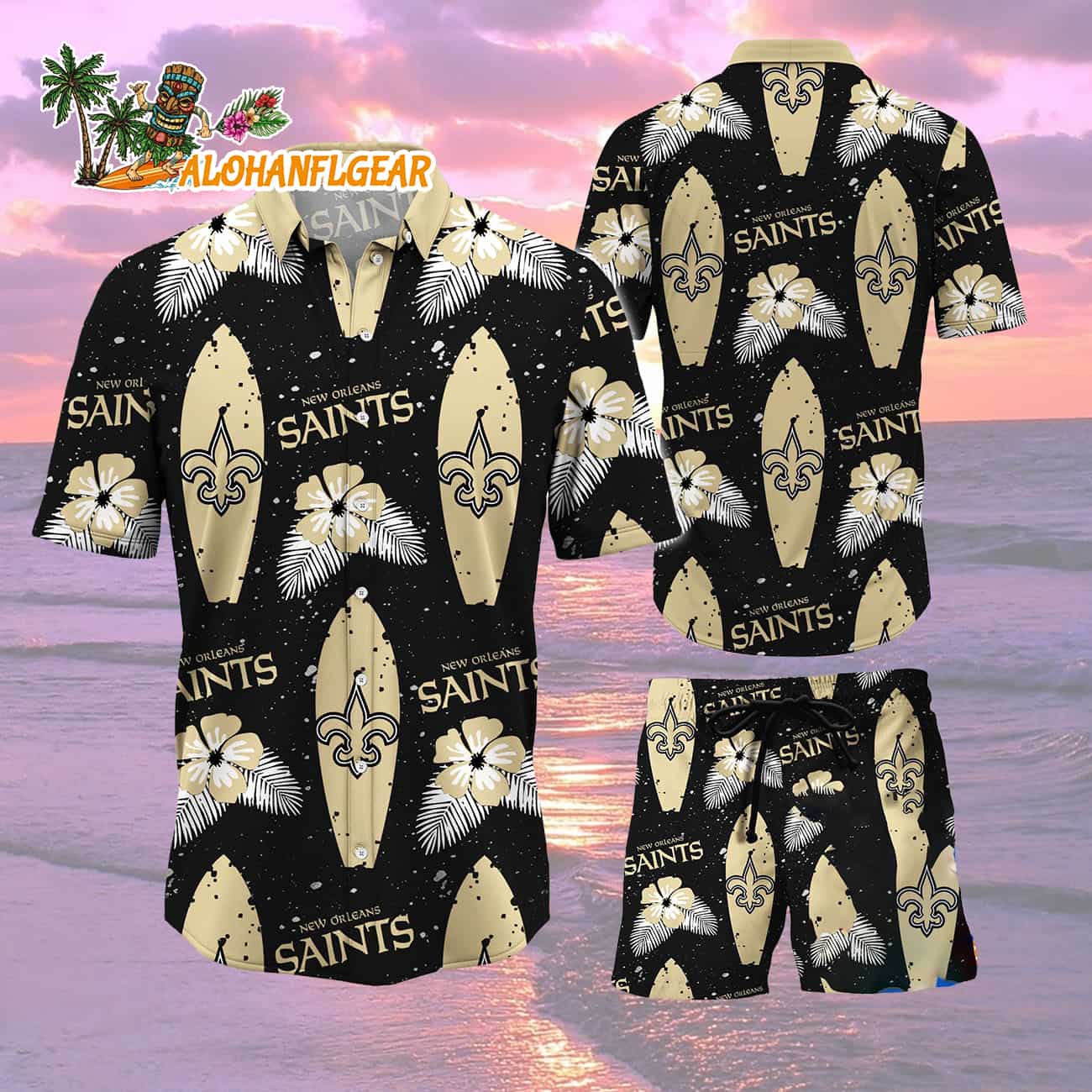 New Orleans Saints Flower Pattern Hawaiian Shirt And Shorts New Orleans Saints Flower Pattern Hawaiian Shirt And Shorts
