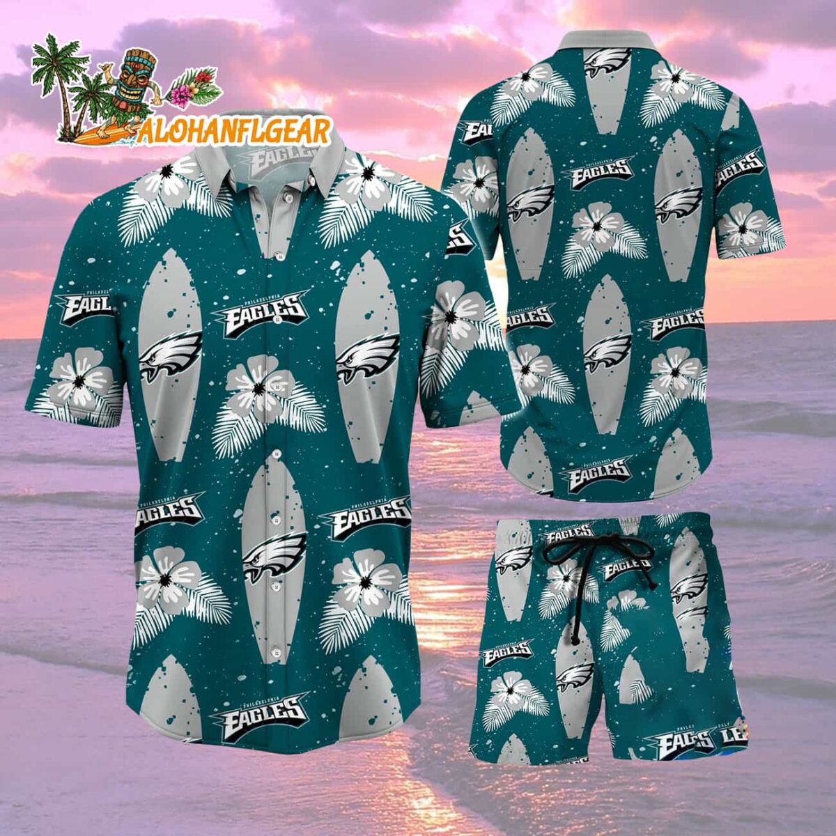 Philadelphia Eagles Flower Pattern Hawaiian Shirt And Shorts 1 Philadelphia Eagles Flower Pattern Hawaiian Shirt And Shorts Football Summer Hawaiian Set 2