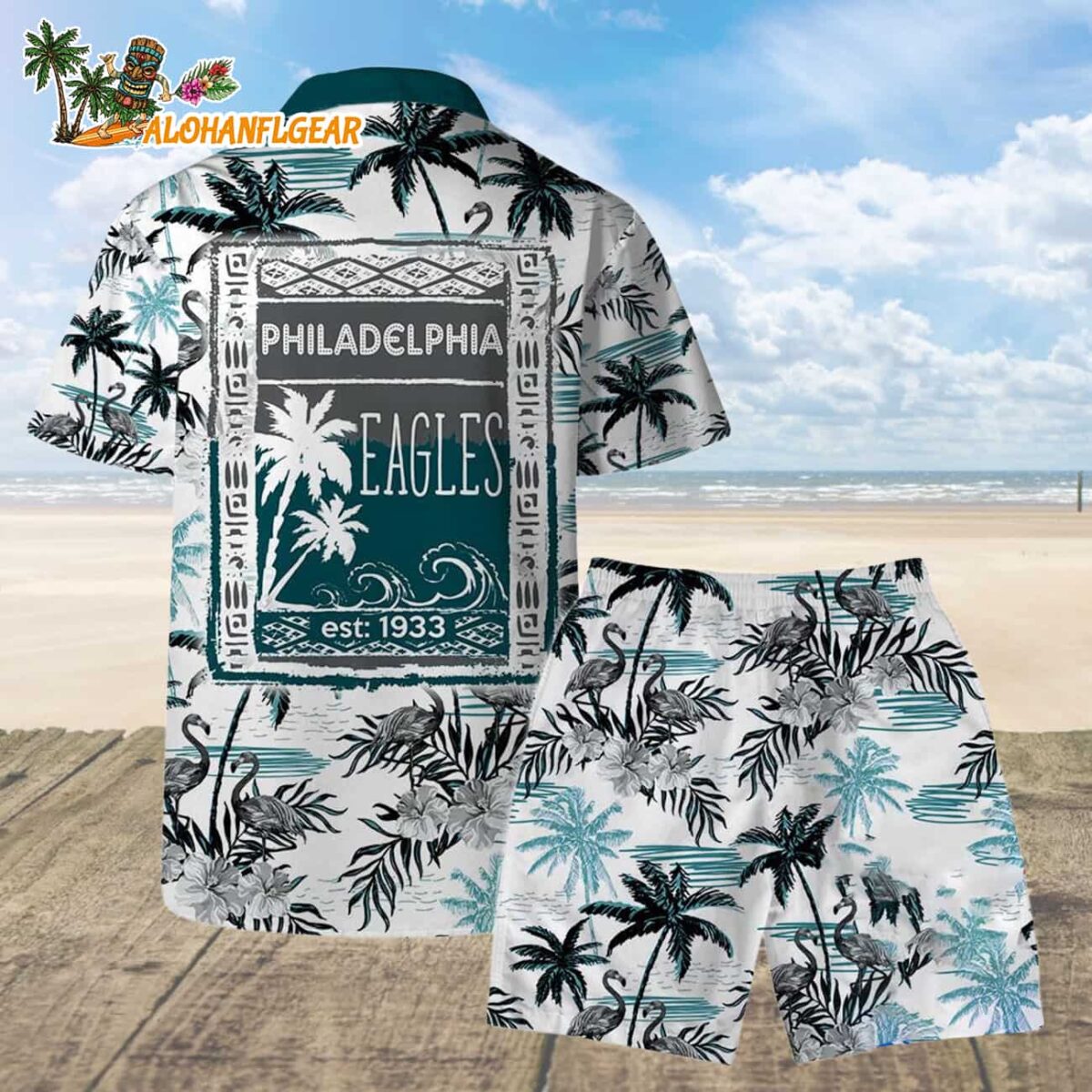 Philadelphia Eagles Football Team Logo Pattern Flamingo Hibiscus Summer Hawaiian Shirt And Beach Short 1 Philadelphia Eagles Football Team Logo Pattern Flamingo Hibiscus Summer Hawaiian Shirt And Beach Short 2