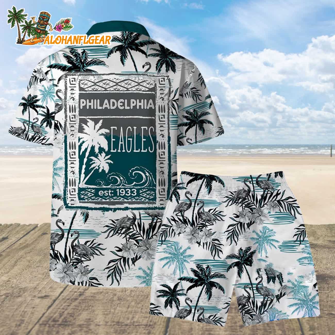 Philadelphia Eagles Football Team Logo Pattern Flamingo Hibiscus Summer Hawaiian Shirt And Beach Short Philadelphia Eagles Football Team Logo Pattern Flamingo Hibiscus Summer Hawaiian Shirt And Beach Short