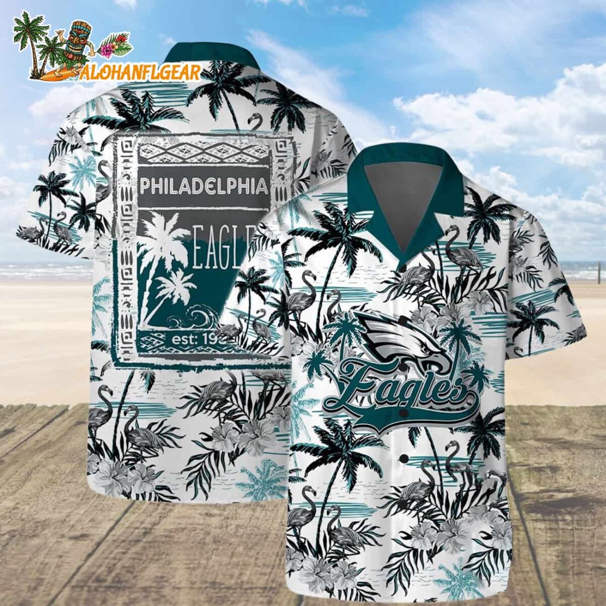 Philadelphia Eagles Football Team Logo Pattern Flamingo Hibiscus Summer Hawaiian Shirt And Beach Short 2 Philadelphia Eagles Football Team Logo Pattern Flamingo Hibiscus Summer Hawaiian Shirt And Beach Short 3