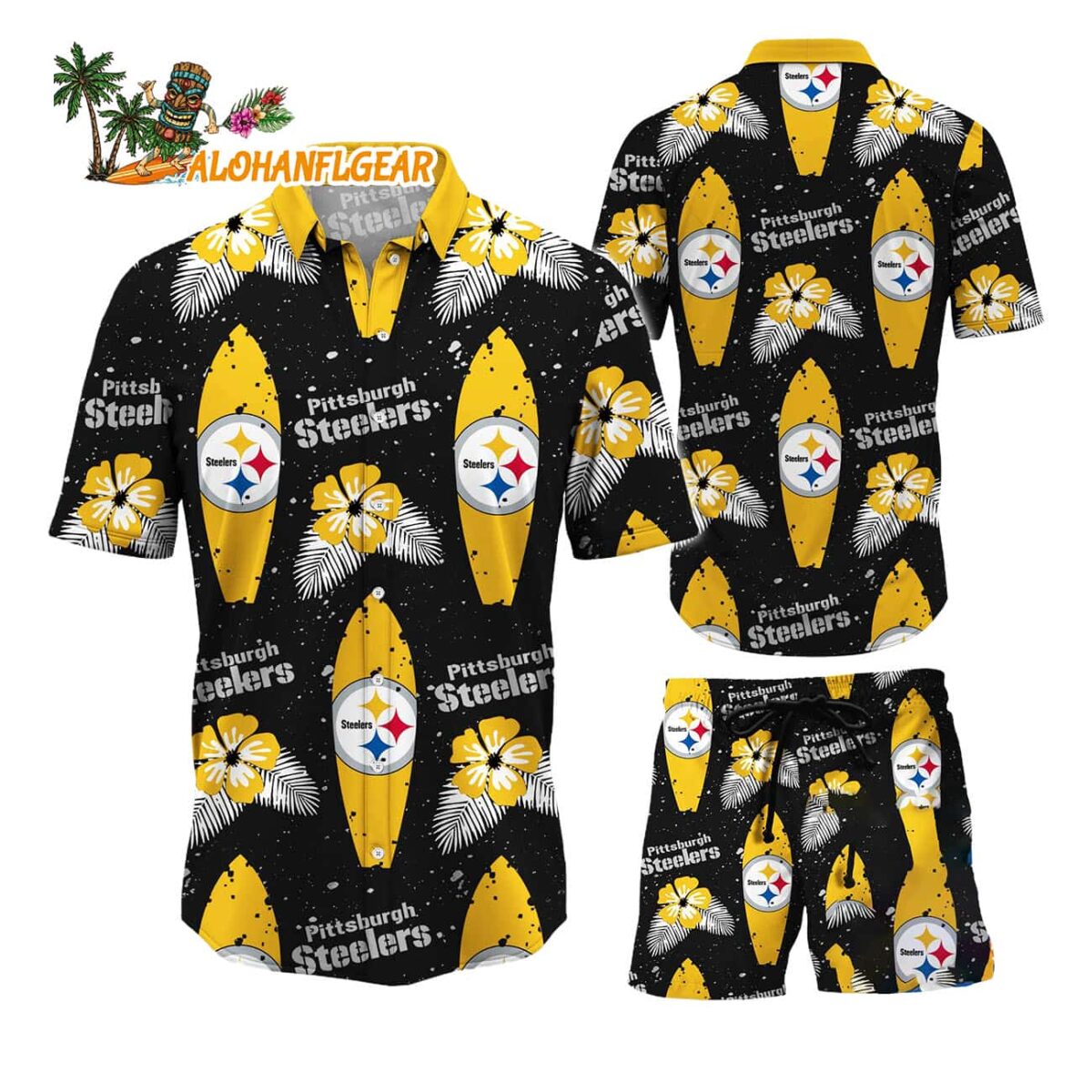Pittsburgh Steelers Flower Pattern Hawaiian Shirt And Shorts Football Summer Hawaiian Set 1