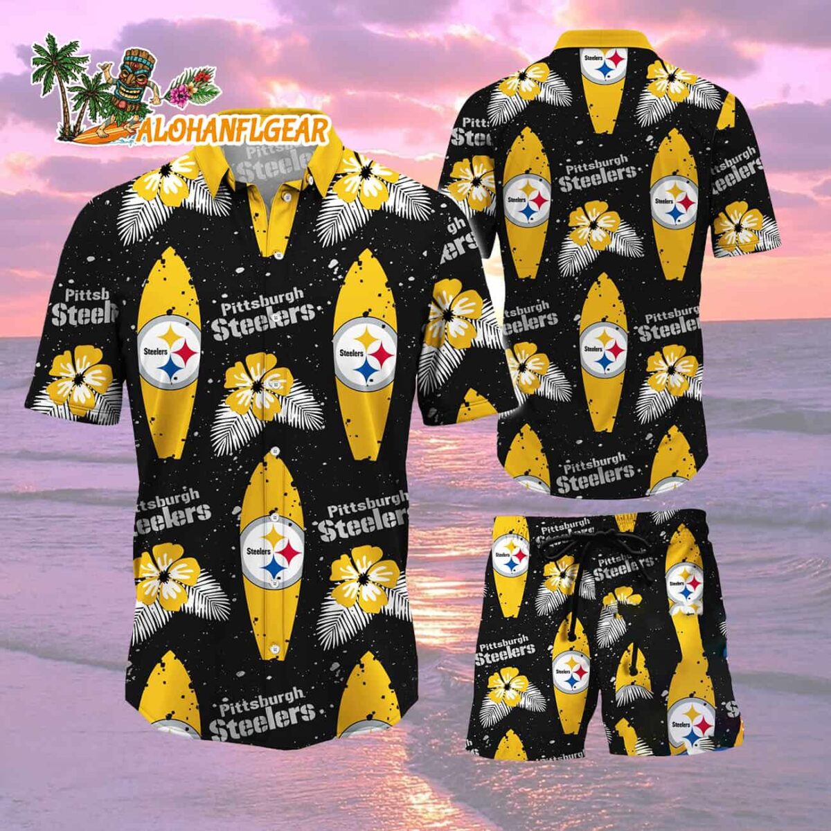 Pittsburgh Steelers Flower Pattern Hawaiian Shirt And Shorts Football Summer Hawaiian Set 2