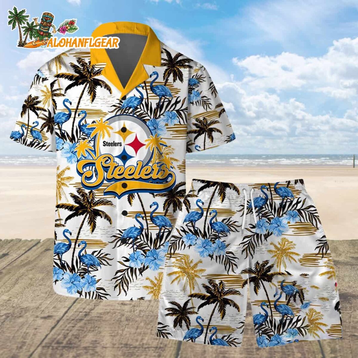 Pittsburgh Steelers Football Team Logo Pattern Flamingo Hibiscus Summer Hawaiian Shirt And Beach Short 1