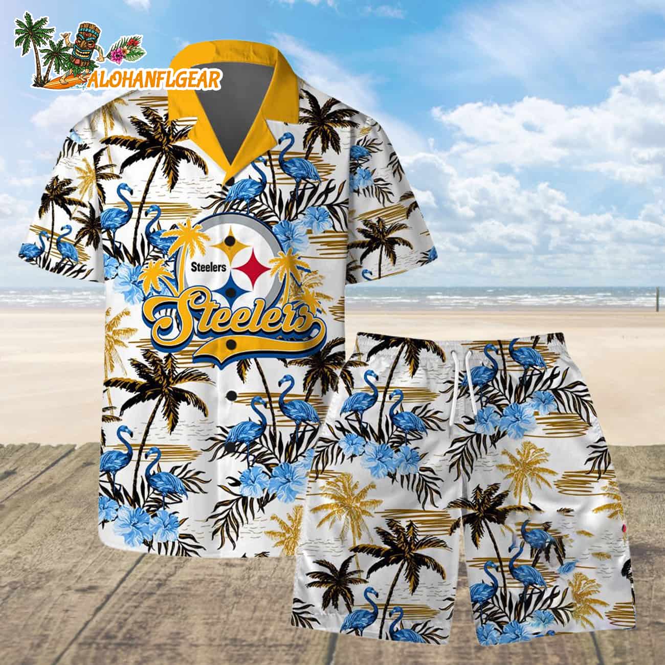 Pittsburgh Steelers Football Team Logo Pattern Flamingo Hibiscus Summer Hawaiian Shirt And Beach Short Pittsburgh Steelers Football Team Logo Pattern Flamingo Hibiscus Summer Hawaiian Shirt And Beach Short