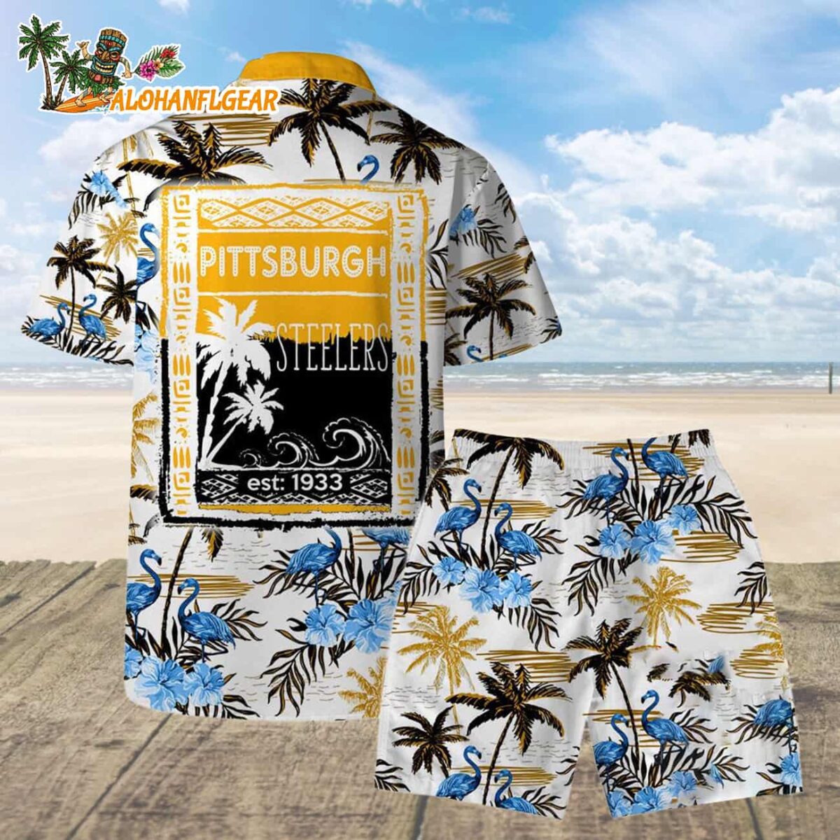 Pittsburgh Steelers Football Team Logo Pattern Flamingo Hibiscus Summer Hawaiian Shirt And Beach Short 1 Pittsburgh Steelers Football Team Logo Pattern Flamingo Hibiscus Summer Hawaiian Shirt And Beach Short 2