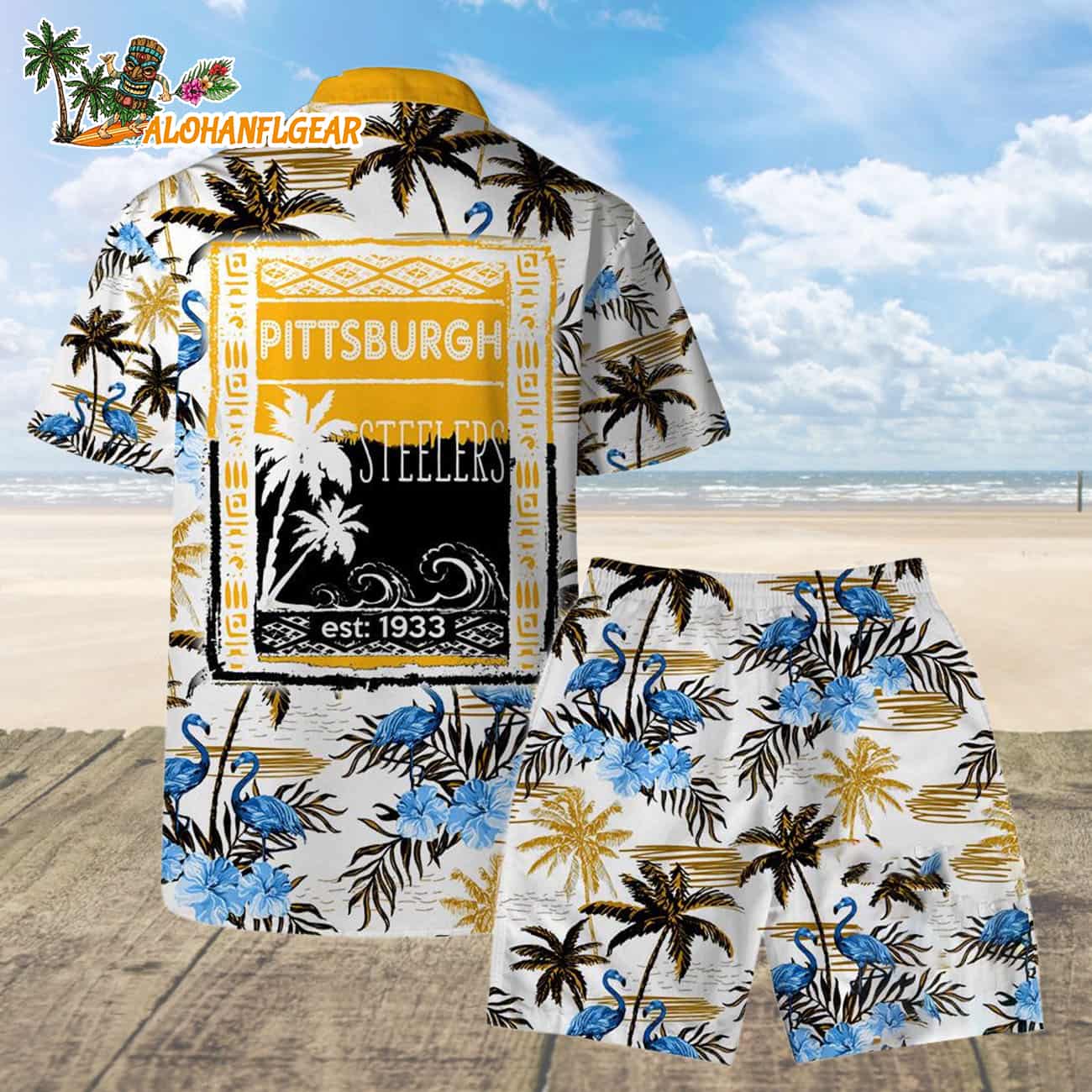 Pittsburgh Steelers Football Team Logo Pattern Flamingo Hibiscus Summer Hawaiian Shirt And Beach Short Pittsburgh Steelers Football Team Logo Pattern Flamingo Hibiscus Summer Hawaiian Shirt And Beach Short