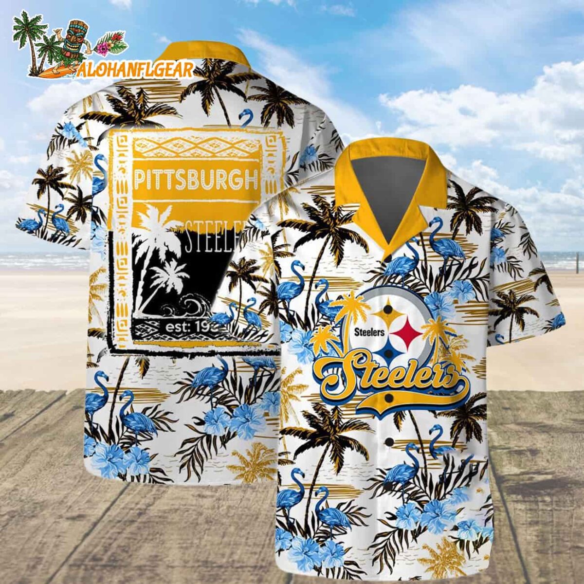 Pittsburgh Steelers Football Team Logo Pattern Flamingo Hibiscus Summer Hawaiian Shirt And Beach Short 2 Pittsburgh Steelers Football Team Logo Pattern Flamingo Hibiscus Summer Hawaiian Shirt And Beach Short 3