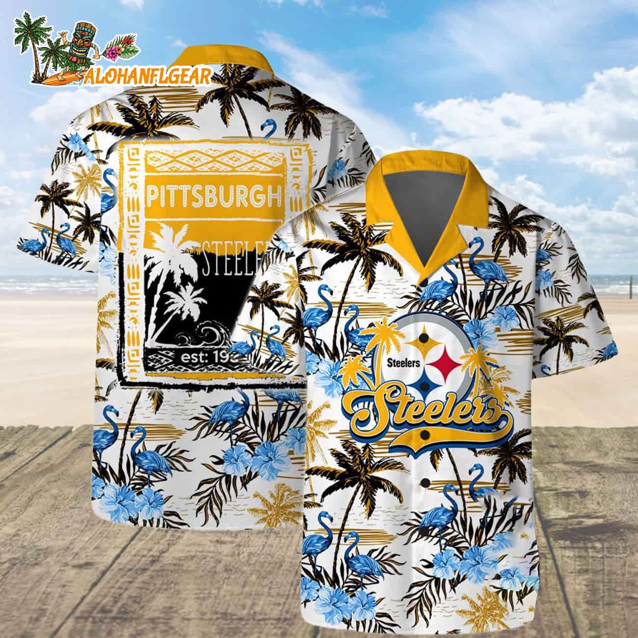 Pittsburgh Steelers Football Team Logo Pattern Flamingo Hibiscus Summer Hawaiian Shirt And Beach Short Pittsburgh Steelers Football Team Logo Pattern Flamingo Hibiscus Summer Hawaiian Shirt And Beach Short