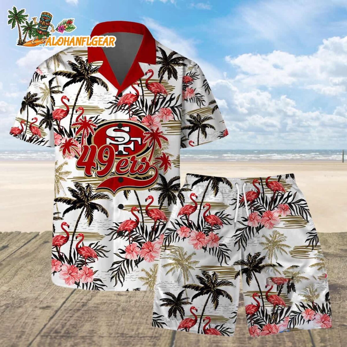 San Francisco 49ers Football Team Logo Pattern Flamingo Hibiscus Summer Hawaiian Shirt And Beach Short 1