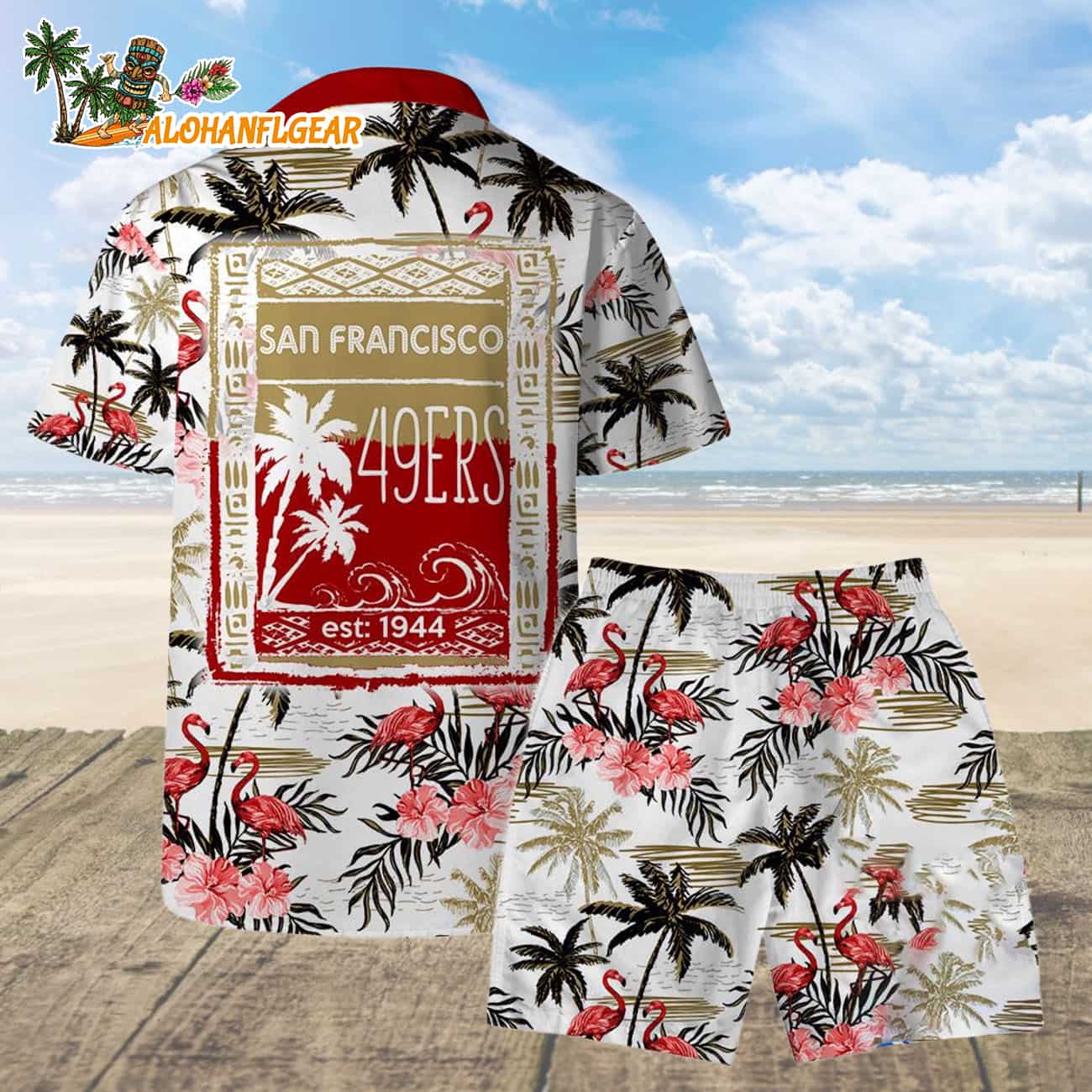 San Francisco 49ers Football Team Logo Pattern Flamingo Hibiscus Summer Hawaiian Shirt And Beach Short San Francisco 49ers Football Team Logo Pattern Flamingo Hibiscus Summer Hawaiian Shirt And Beach Short