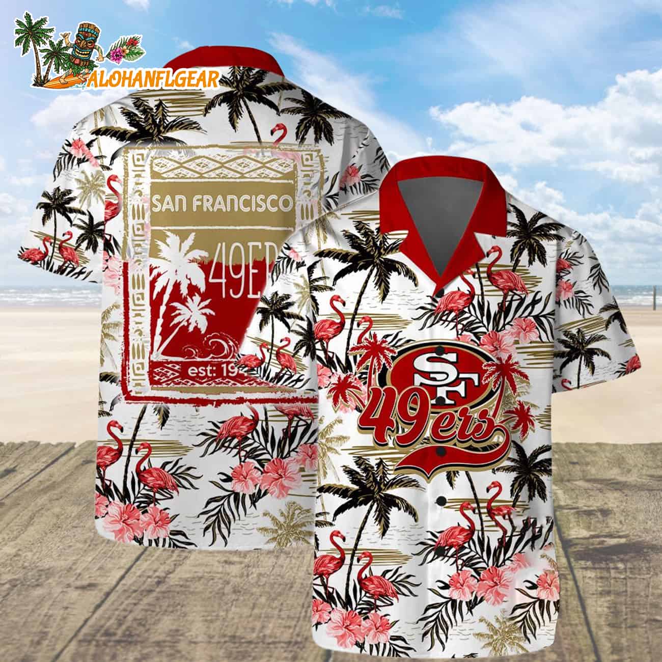 San Francisco 49ers Football Team Logo Pattern Flamingo Hibiscus Summer Hawaiian Shirt And Beach Short San Francisco 49ers Football Team Logo Pattern Flamingo Hibiscus Summer Hawaiian Shirt And Beach Short