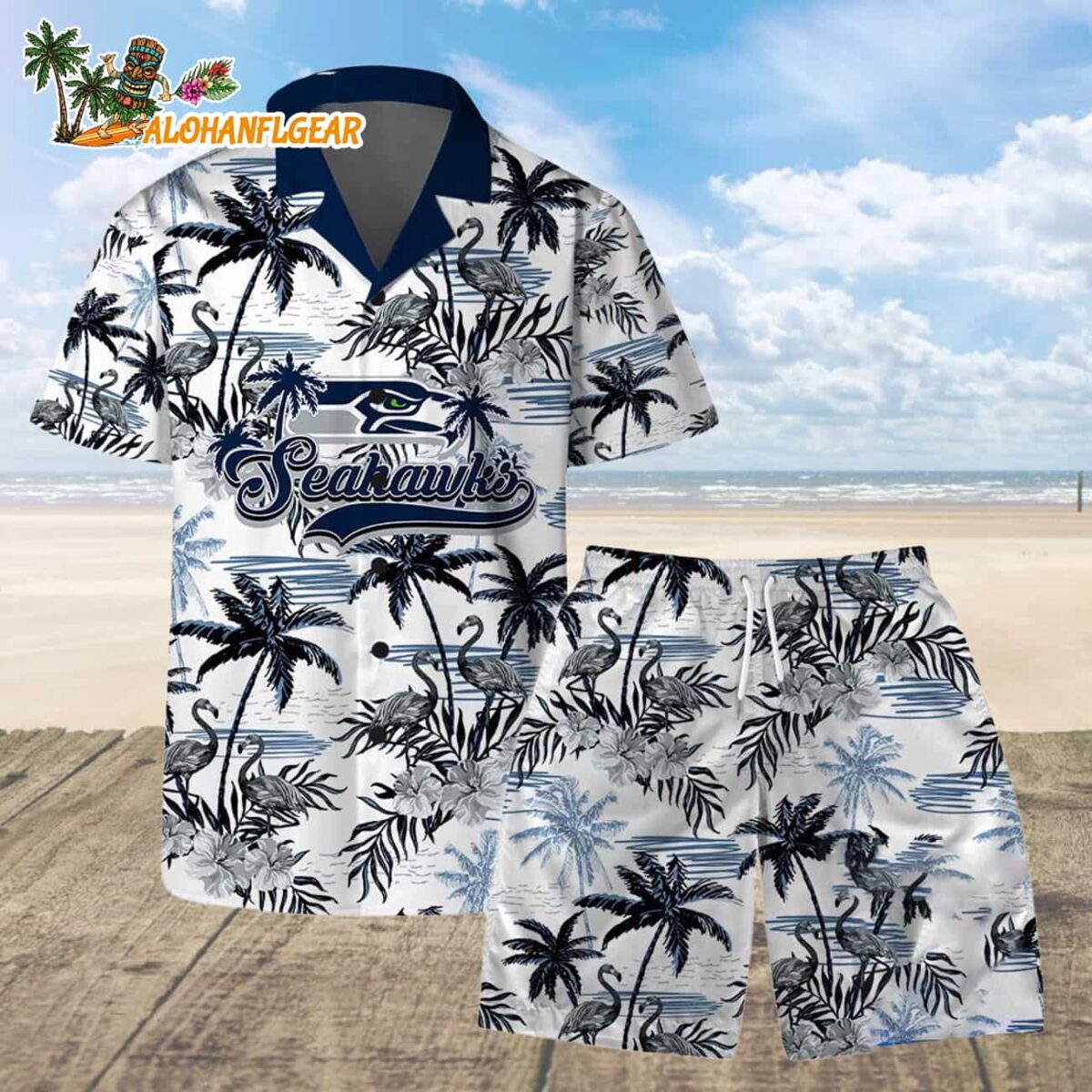 Seattle Seahawks Football Team Logo Pattern Flamingo Hibiscus Summer Hawaiian Shirt And Beach Short 1