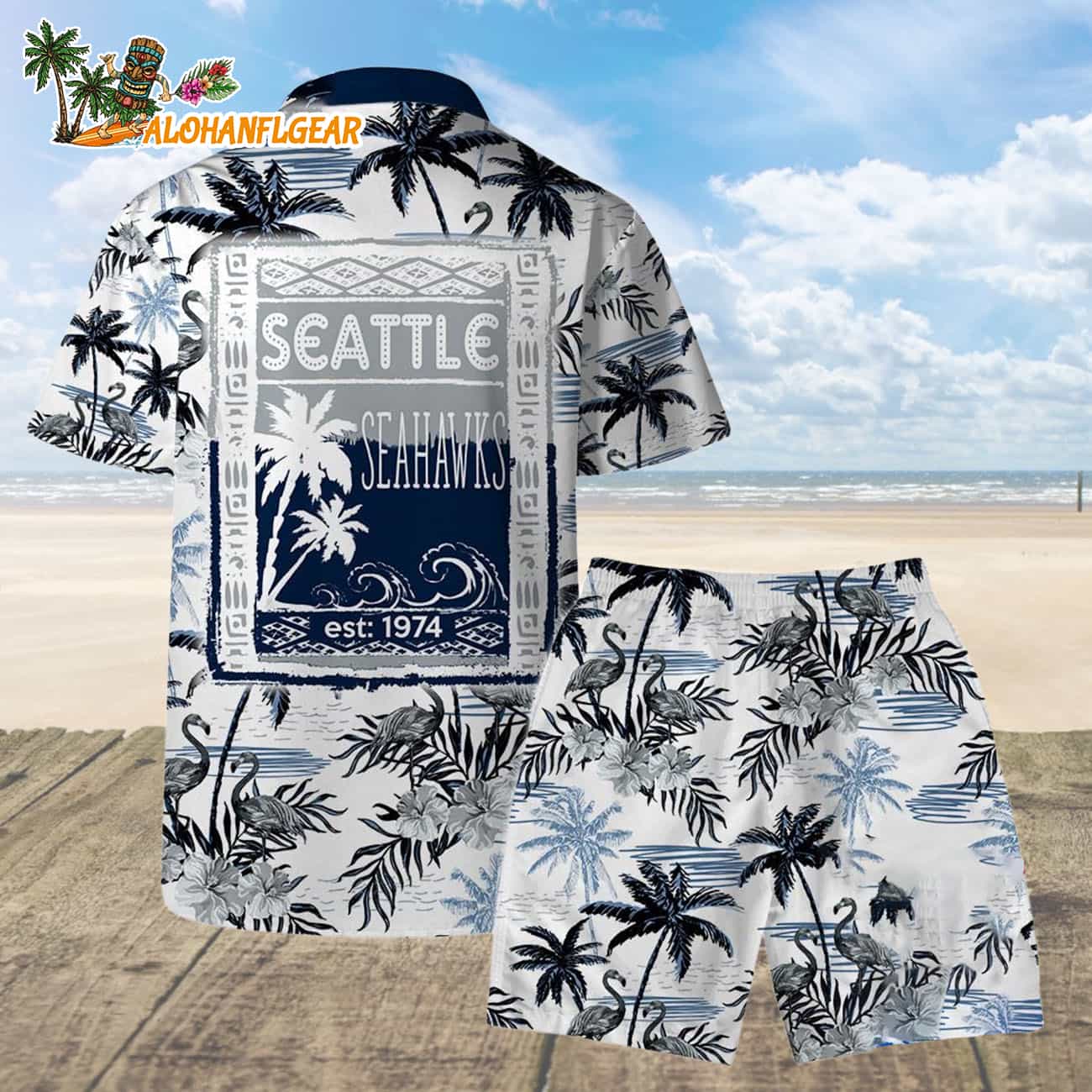 Seattle Seahawks Football Team Logo Pattern Flamingo Hibiscus Summer Hawaiian Shirt And Beach Short Seattle Seahawks Football Team Logo Pattern Flamingo Hibiscus Summer Hawaiian Shirt And Beach Short