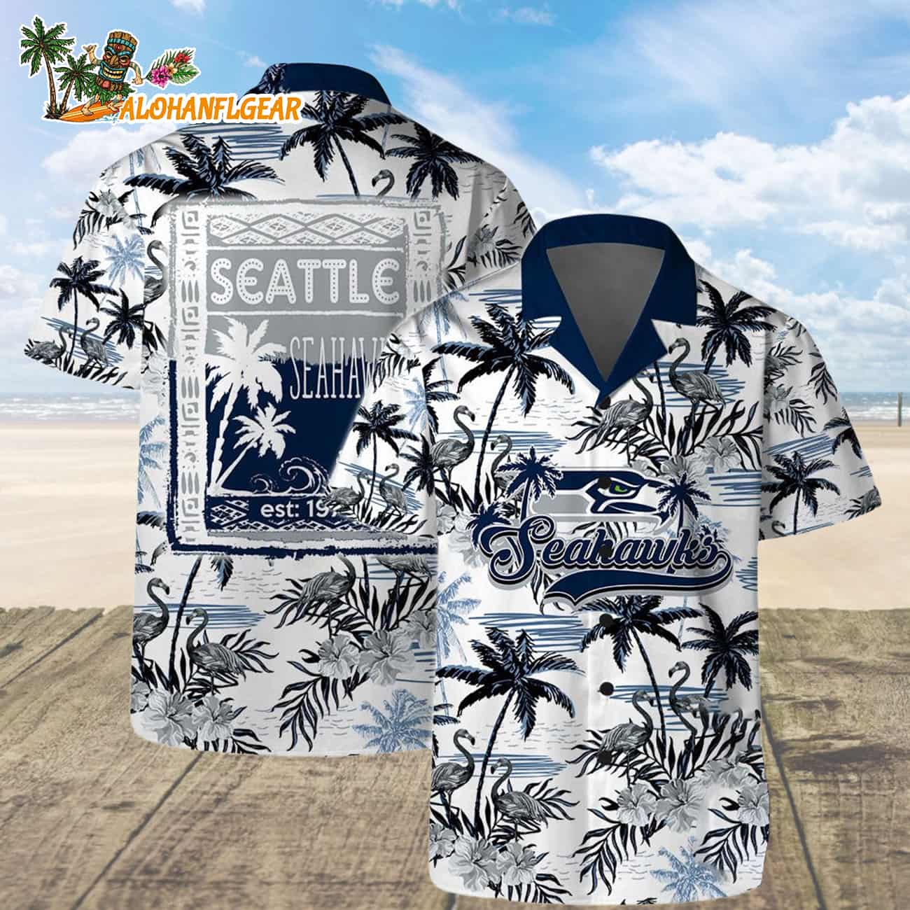 Seattle Seahawks Football Team Logo Pattern Flamingo Hibiscus Summer Hawaiian Shirt And Beach Short Seattle Seahawks Football Team Logo Pattern Flamingo Hibiscus Summer Hawaiian Shirt And Beach Short