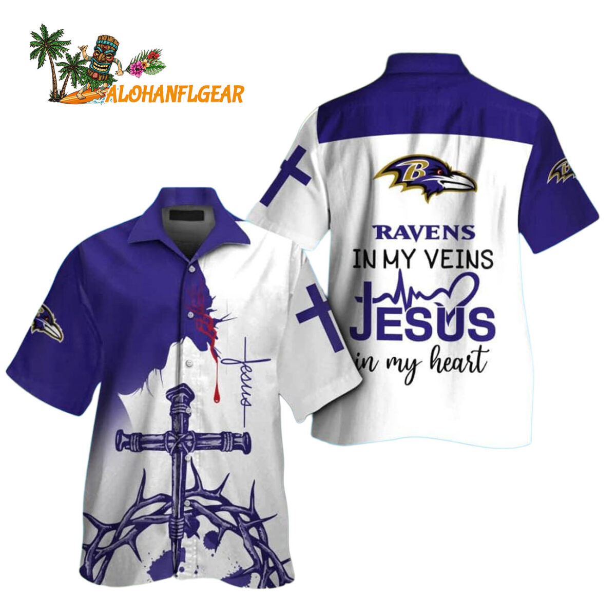 Baltimore Ravens In My Veins Jesus Im My Heart Hawaiian Shirt 1