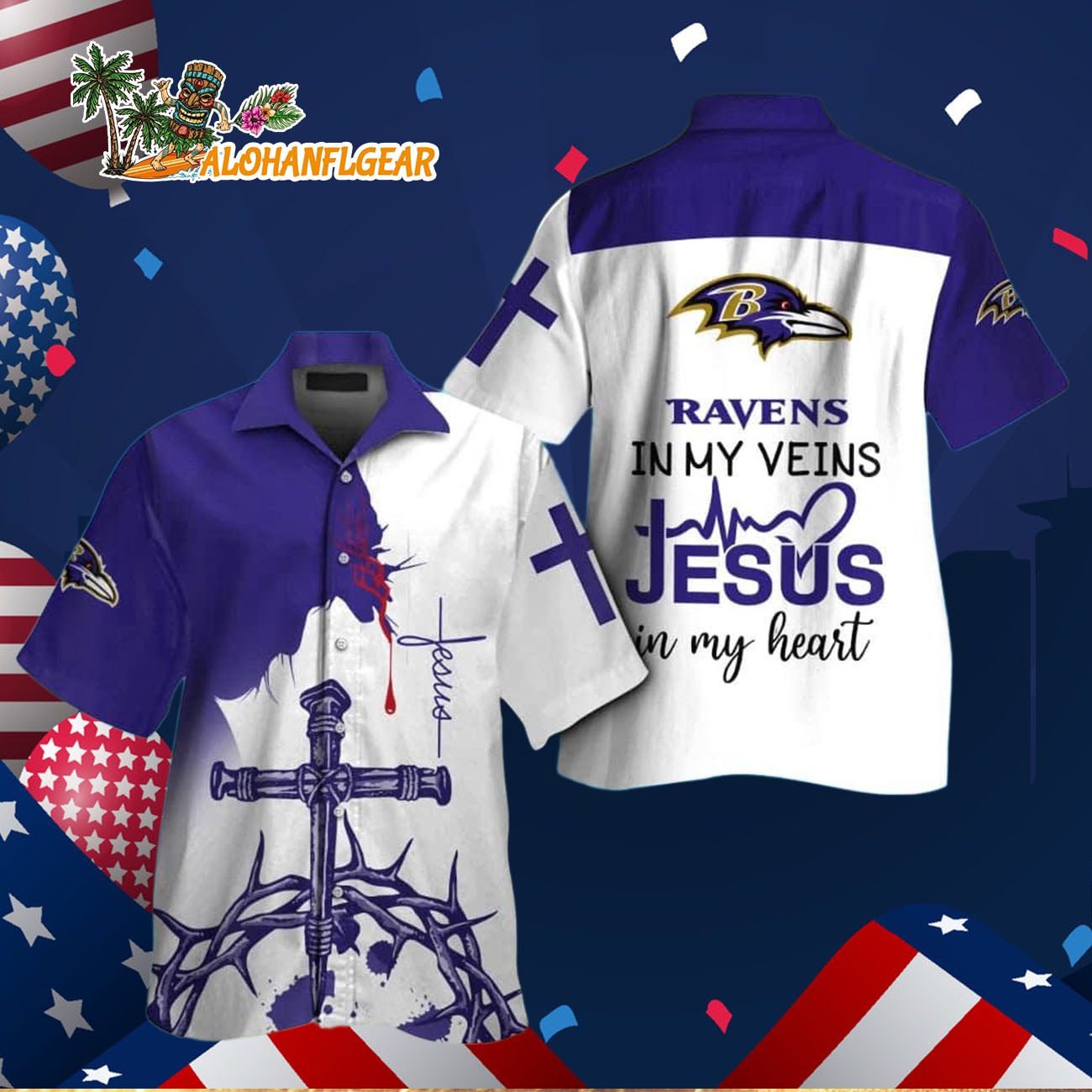 Baltimore Ravens In My Veins Jesus Im My Heart Hawaiian Shirt Baltimore Ravens In My Veins Jesus Im My Heart Hawaiian Shirt