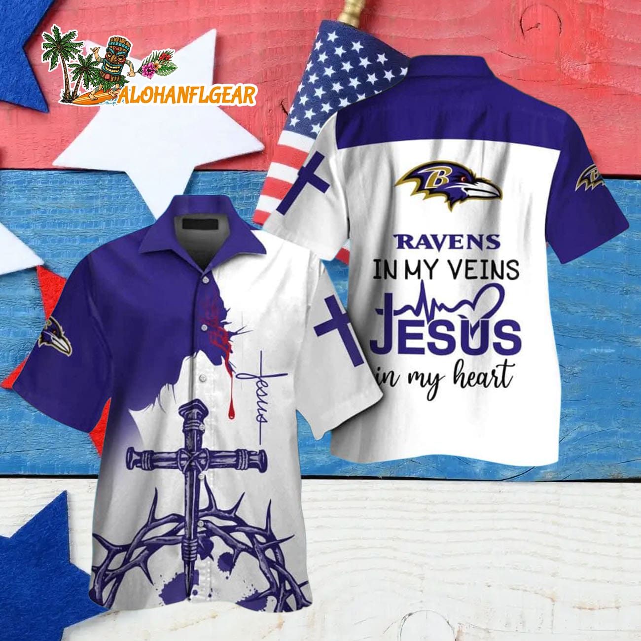 Baltimore Ravens In My Veins Jesus Im My Heart Hawaiian Shirt Baltimore Ravens In My Veins Jesus Im My Heart Hawaiian Shirt