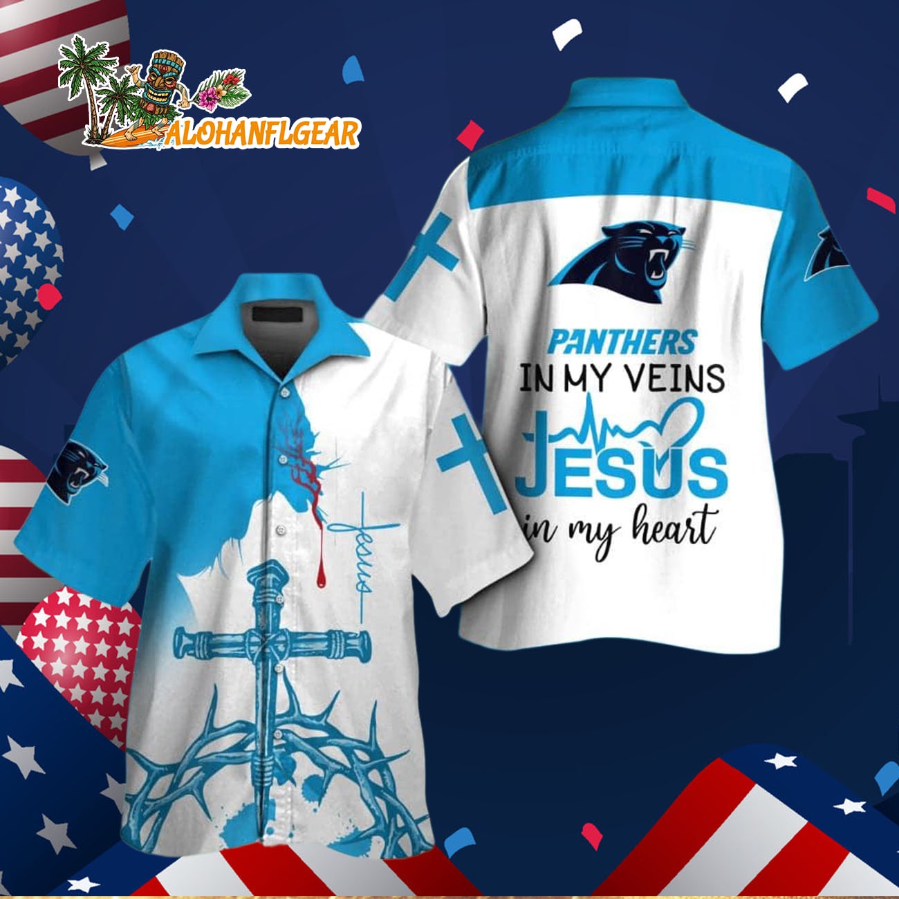 Carolina Panthers In My Veins Jesus Im My Heart Hawaiian Shirt Carolina Panthers In My Veins Jesus Im My Heart Hawaiian Shirt