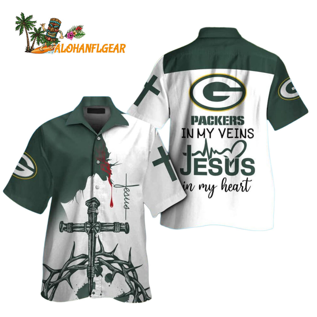 Green Bay Packers In My Veins Jesus Im My Heart Hawaiian Shirt 1