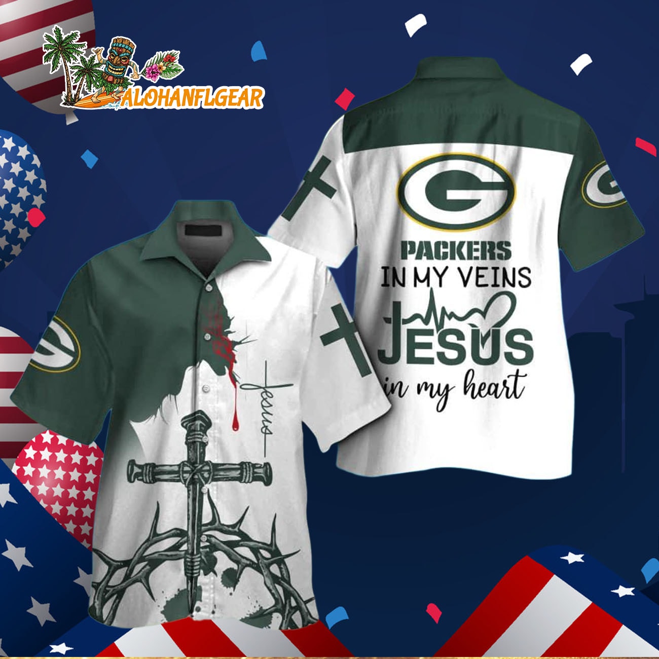 Green Bay Packers In My Veins Jesus Im My Heart Hawaiian Shirt Green Bay Packers In My Veins Jesus Im My Heart Hawaiian Shirt