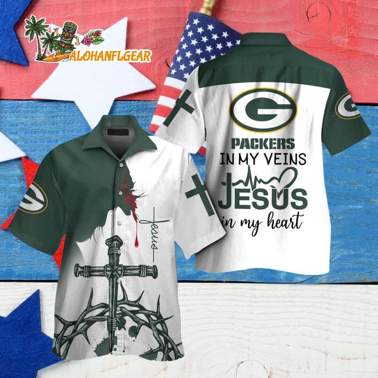 Green Bay Packers In My Veins Jesus Im My Heart Hawaiian Shirt Green Bay Packers In My Veins Jesus Im My Heart Hawaiian Shirt
