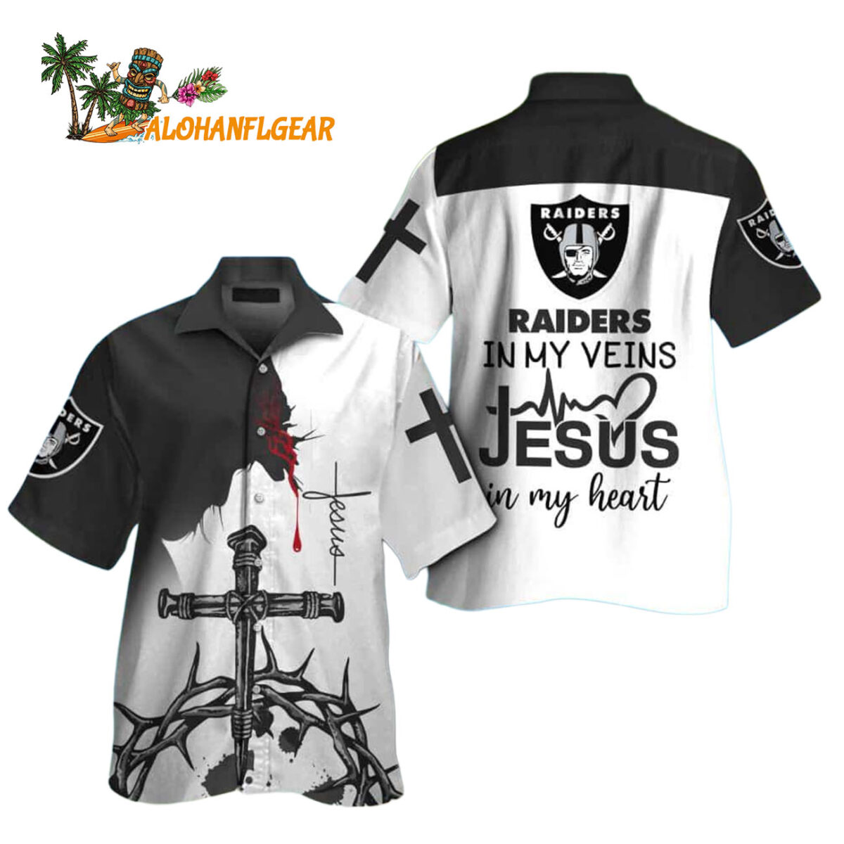 Las Vegas Raiders In My Veins Jesus Im My Heart Hawaiian Shirt 1