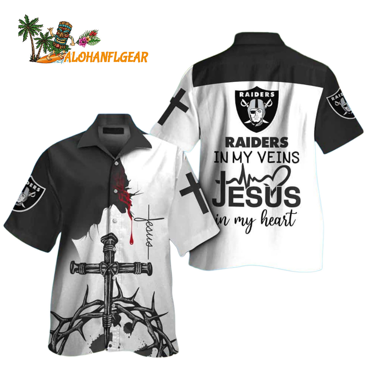 Las Vegas Raiders In My Veins Jesus Im My Heart Hawaiian Shirt Las Vegas Raiders In My Veins Jesus Im My Heart Hawaiian Shirt