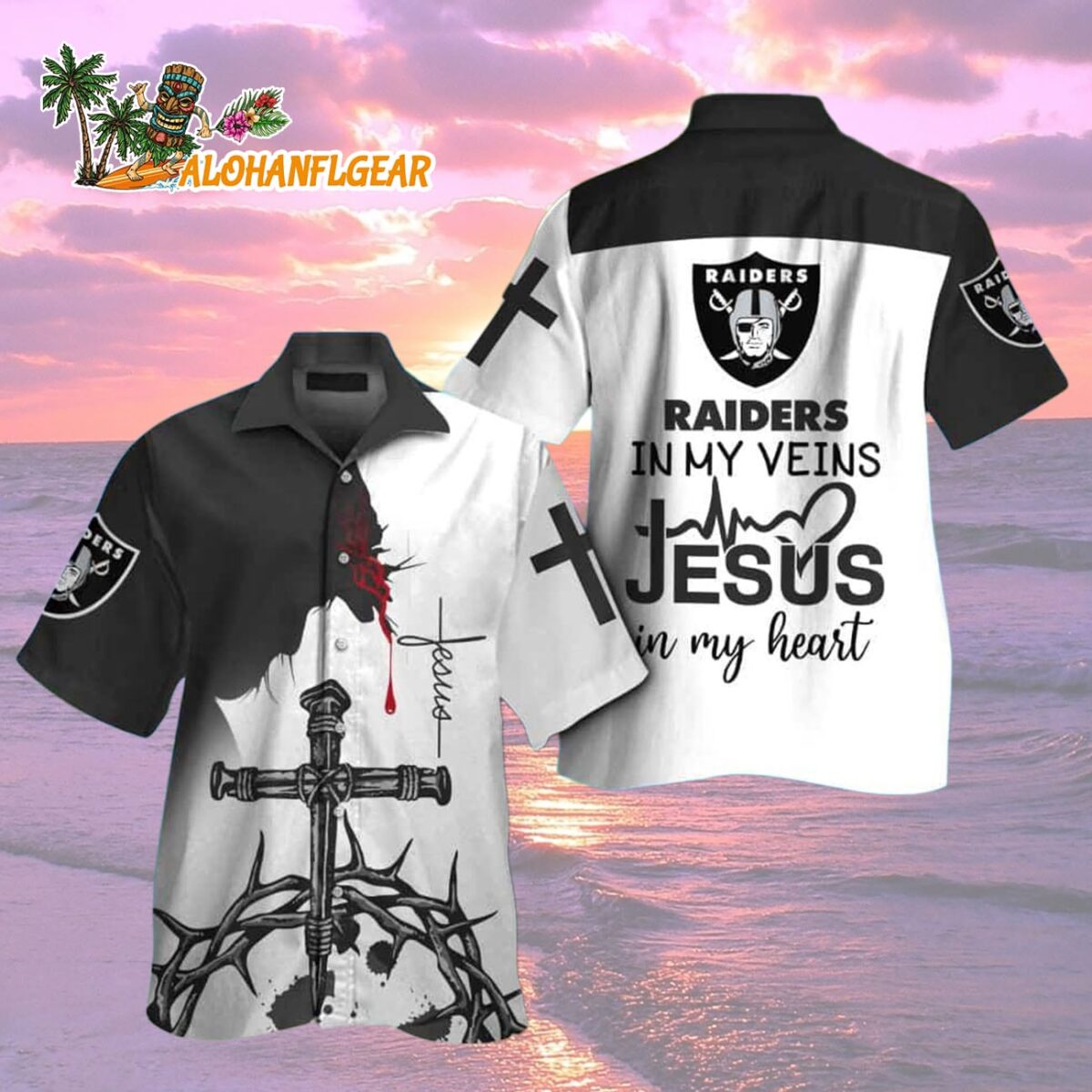 Las Vegas Raiders In My Veins Jesus Im My Heart Hawaiian Shirt 1 Las Vegas Raiders In My Veins Jesus Im My Heart Hawaiian Shirt 2