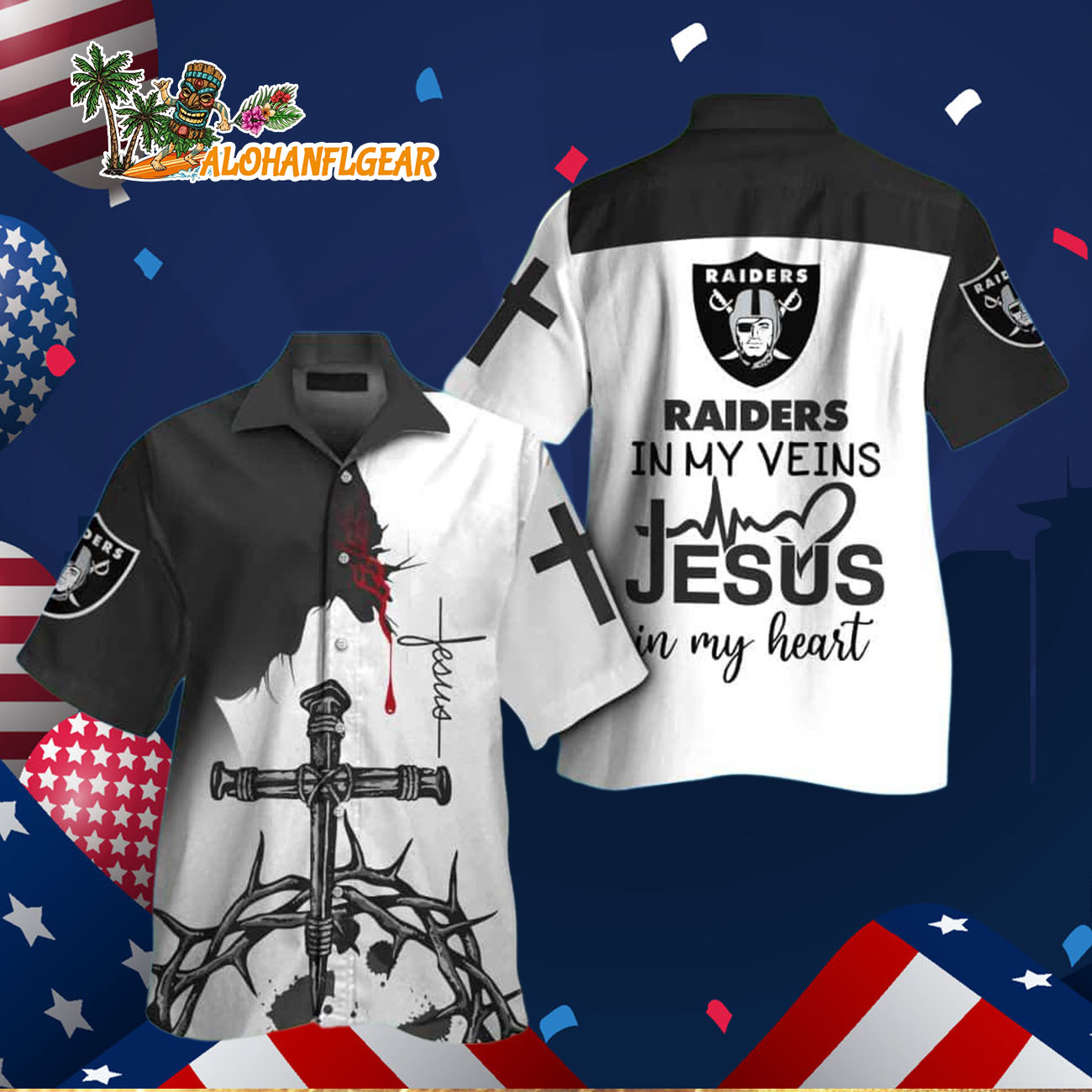 Las Vegas Raiders In My Veins Jesus Im My Heart Hawaiian Shirt Las Vegas Raiders In My Veins Jesus Im My Heart Hawaiian Shirt