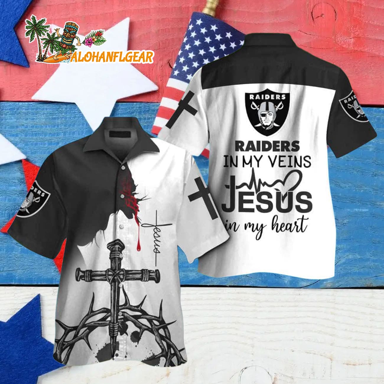 Las Vegas Raiders In My Veins Jesus Im My Heart Hawaiian Shirt Las Vegas Raiders In My Veins Jesus Im My Heart Hawaiian Shirt