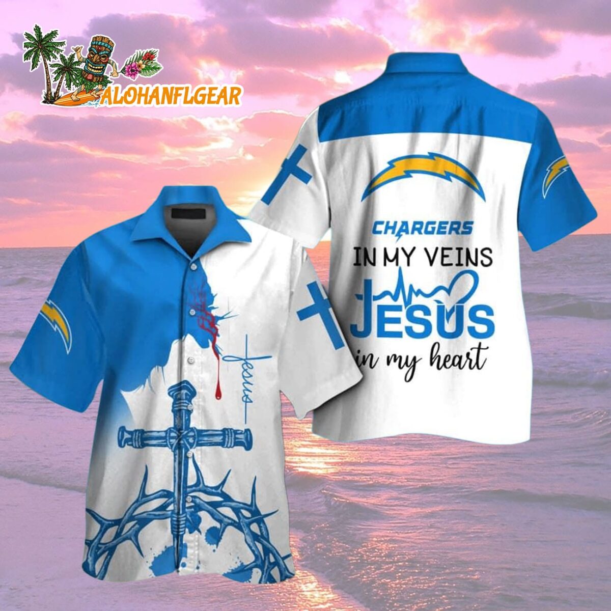 Los Angeles Chargers In My Veins Jesus Im My Heart Hawaiian Shirt 1 Los Angeles Chargers In My Veins Jesus Im My Heart Hawaiian Shirt 2