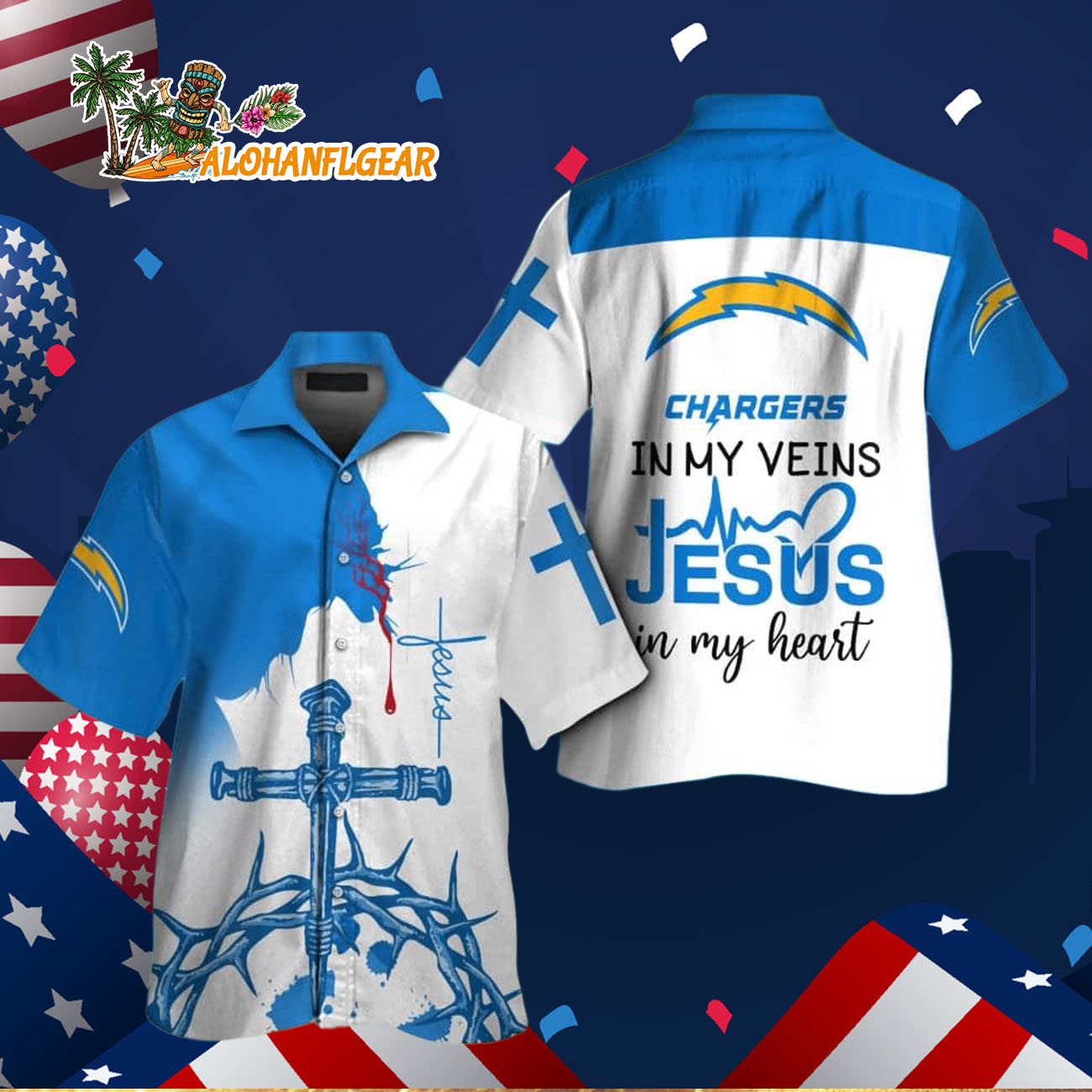 Los Angeles Chargers In My Veins Jesus Im My Heart Hawaiian Shirt Los Angeles Chargers In My Veins Jesus Im My Heart Hawaiian Shirt