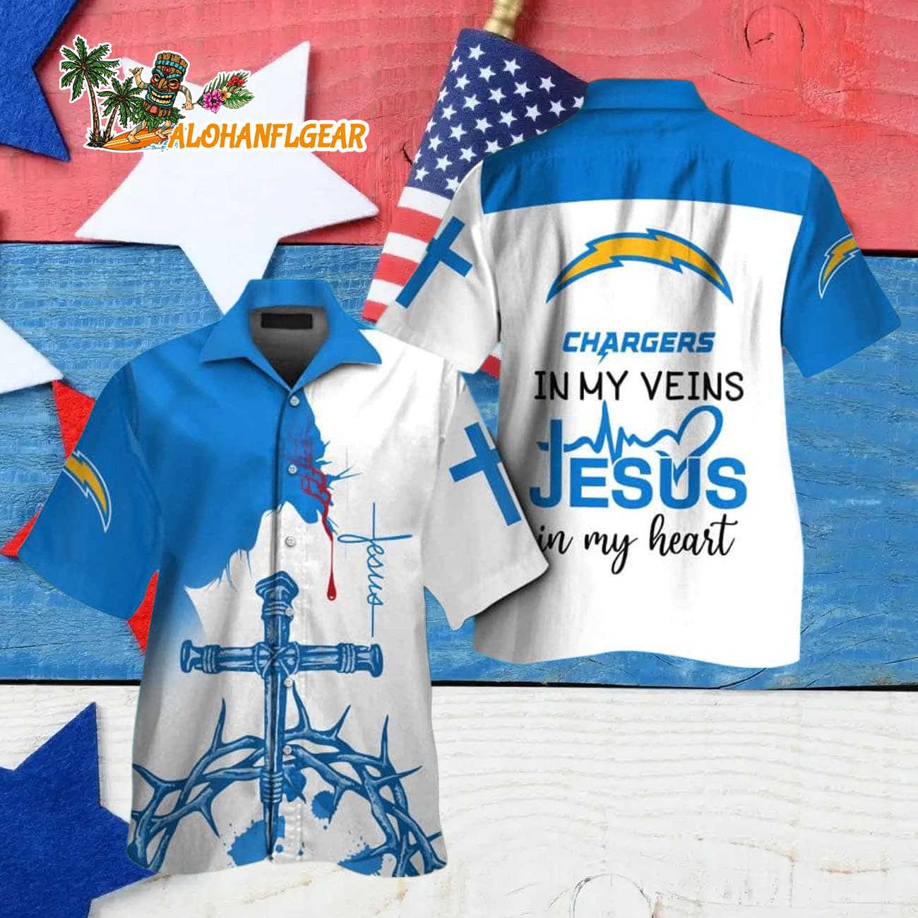 Los Angeles Chargers In My Veins Jesus Im My Heart Hawaiian Shirt Los Angeles Chargers In My Veins Jesus Im My Heart Hawaiian Shirt