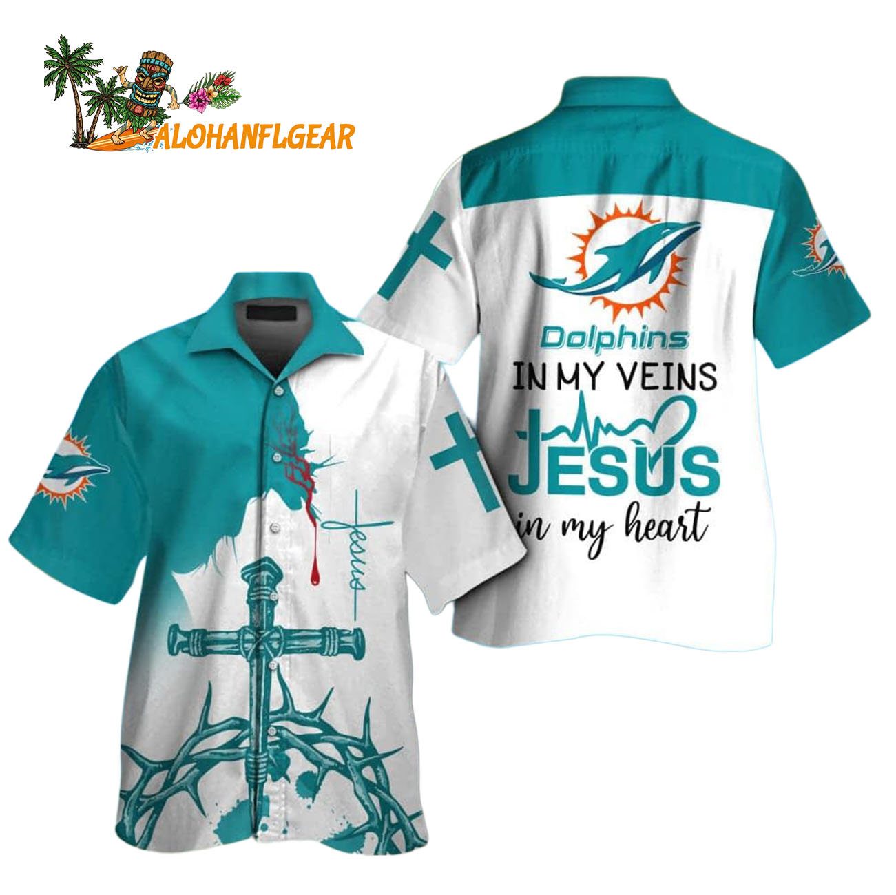 Miami Dolphins In My Veins Jesus Im My Heart Hawaiian Shirt Miami Dolphins In My Veins Jesus Im My Heart Hawaiian Shirt